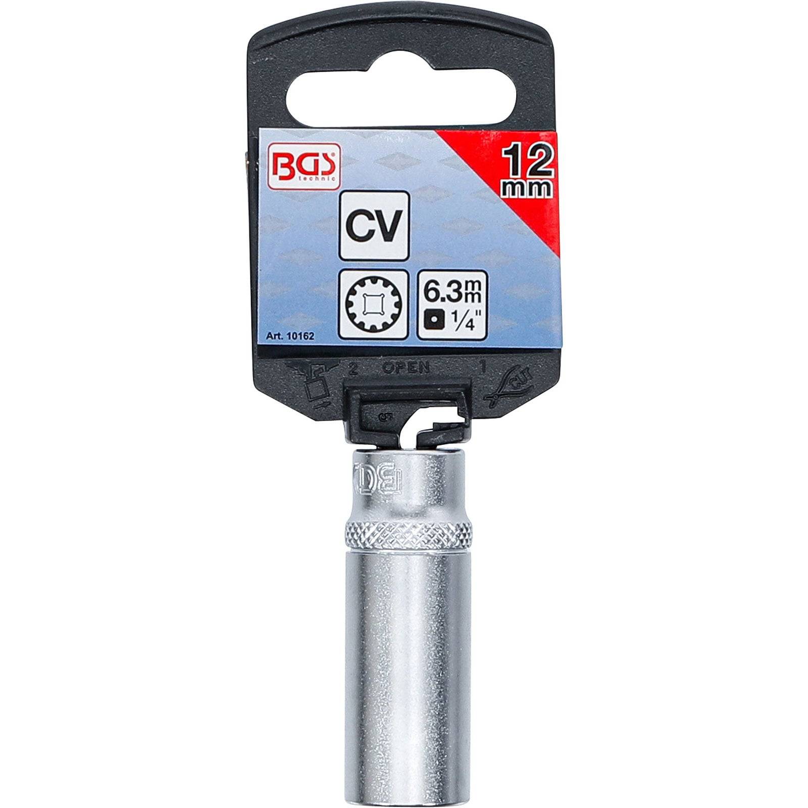Ein silberner 12-mm-Steckschlüssel mit der Beschriftung 'BGS CV 6,3 mm 1/4'.