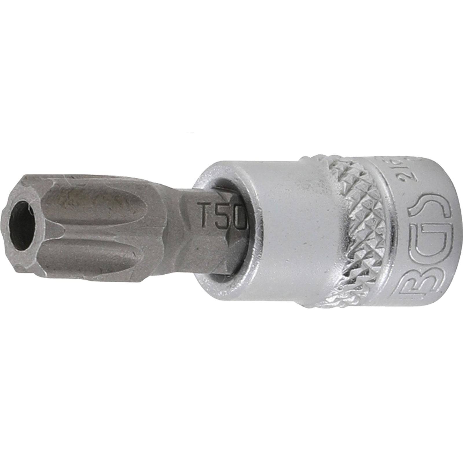 Ein Torx-T50-Bit mit Socketadapter zum Einsatz mit einem Schraubenschlüssel oder Ratsche, entwickelt zum Eindrehen von Schrauben mit sechszackiger Sternform.