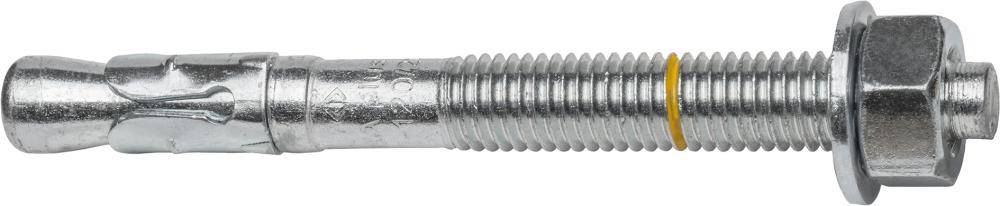 Silberner Metallexpansionsankerschraube mit Gewinde, Sechskantmutter und Unterlegscheibe auf weißem Hintergrund.