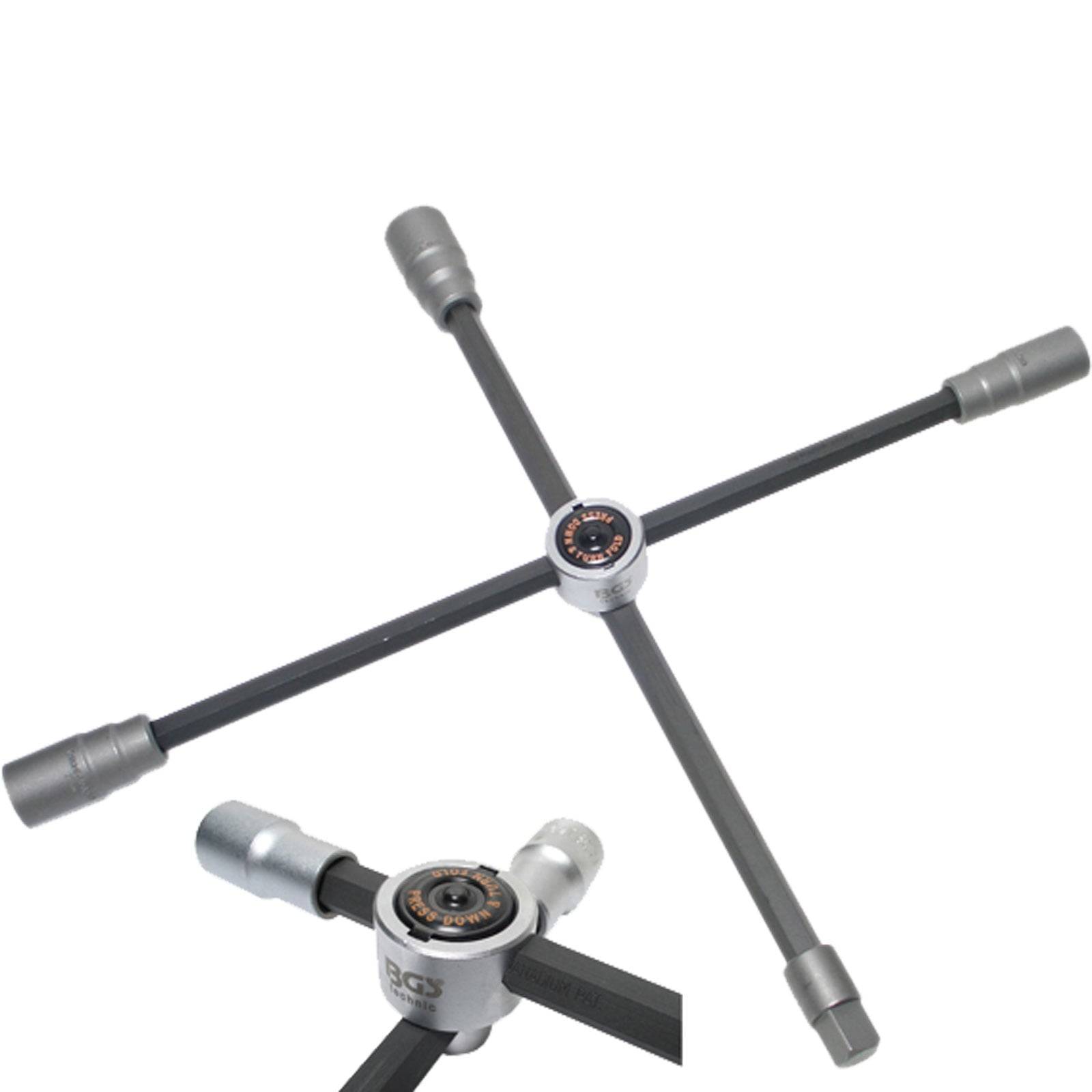 Ein universeller Kreuzschlüssel für die Reifenwartung, der vier Einsätze für verschiedene Mutterngrößen umfasst und bei Fahrzeug-Radwechseln verwendet wird.