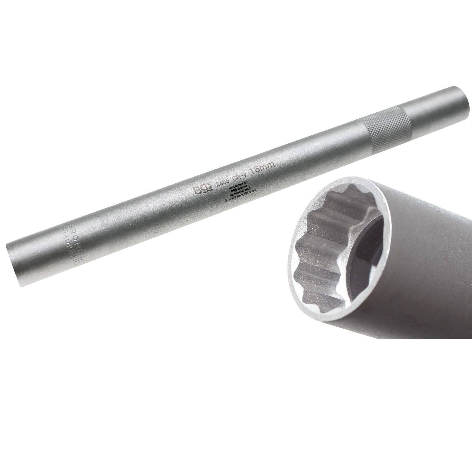 Ein 16-mm-Steckschlüssel mit langem Griff, der die 12-Punkt-Kopfdetails zeigt. Ideal für automobil- oder mechanische Arbeiten.