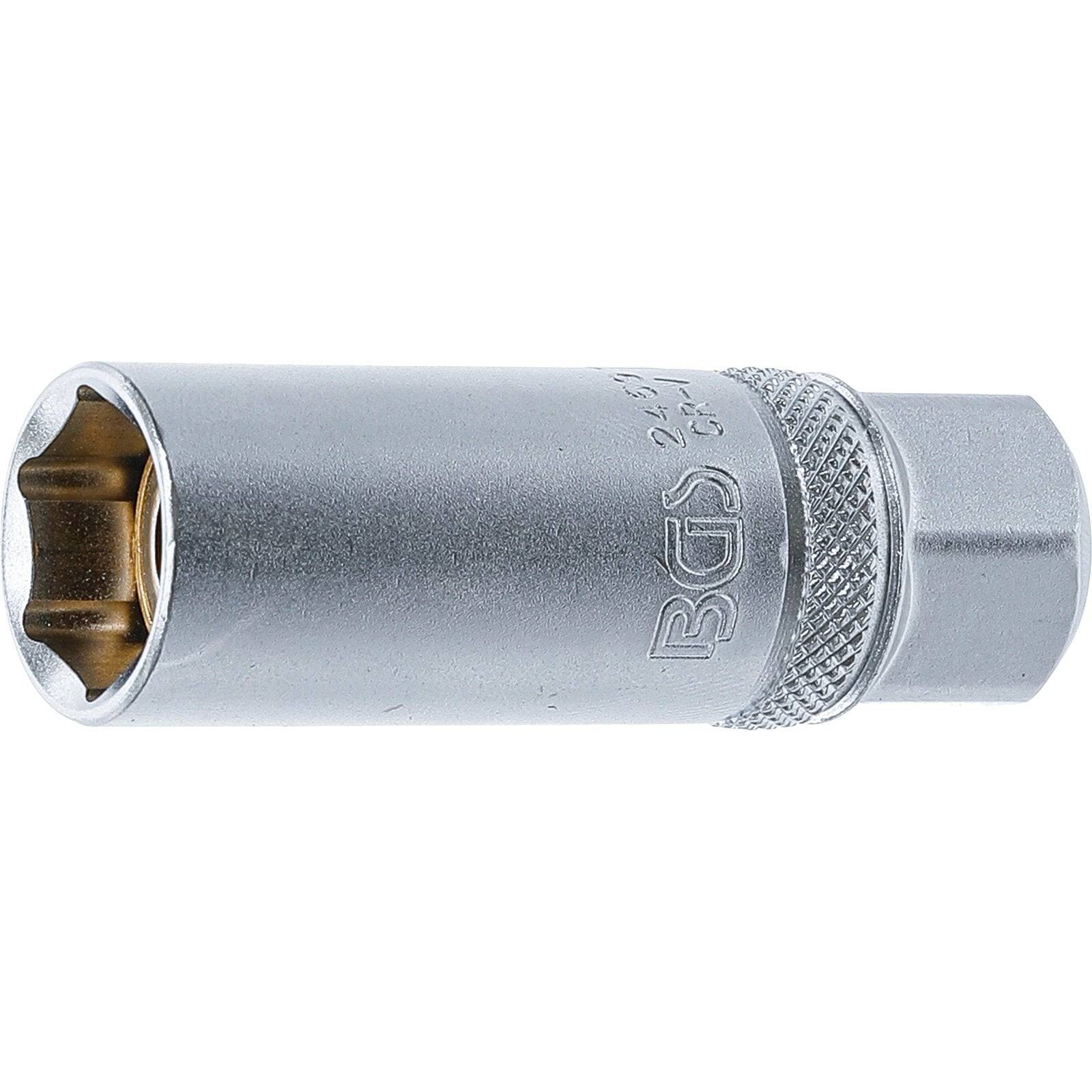 Ein silberner Steckschlüssel mit einer sechseckigen Öffnung, der einen strukturierten Griff an einem Ende zeigt und die Größenmarkierung '24mm' eingraviert hat.