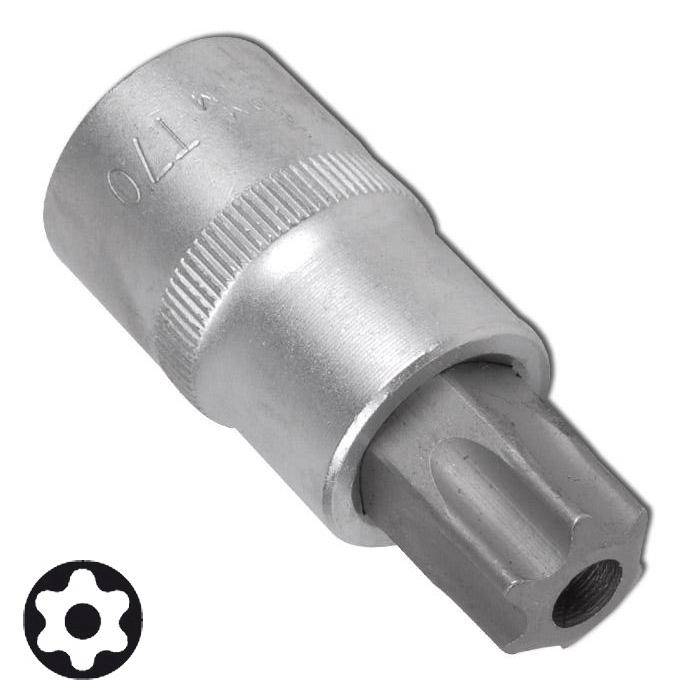 Torx-Bit-Steckschlüssel, silbernes Metallwerkzeug mit sternförmiger Spitze und Sechskantöffnung, auf weißem Hintergrund dargestellt.
