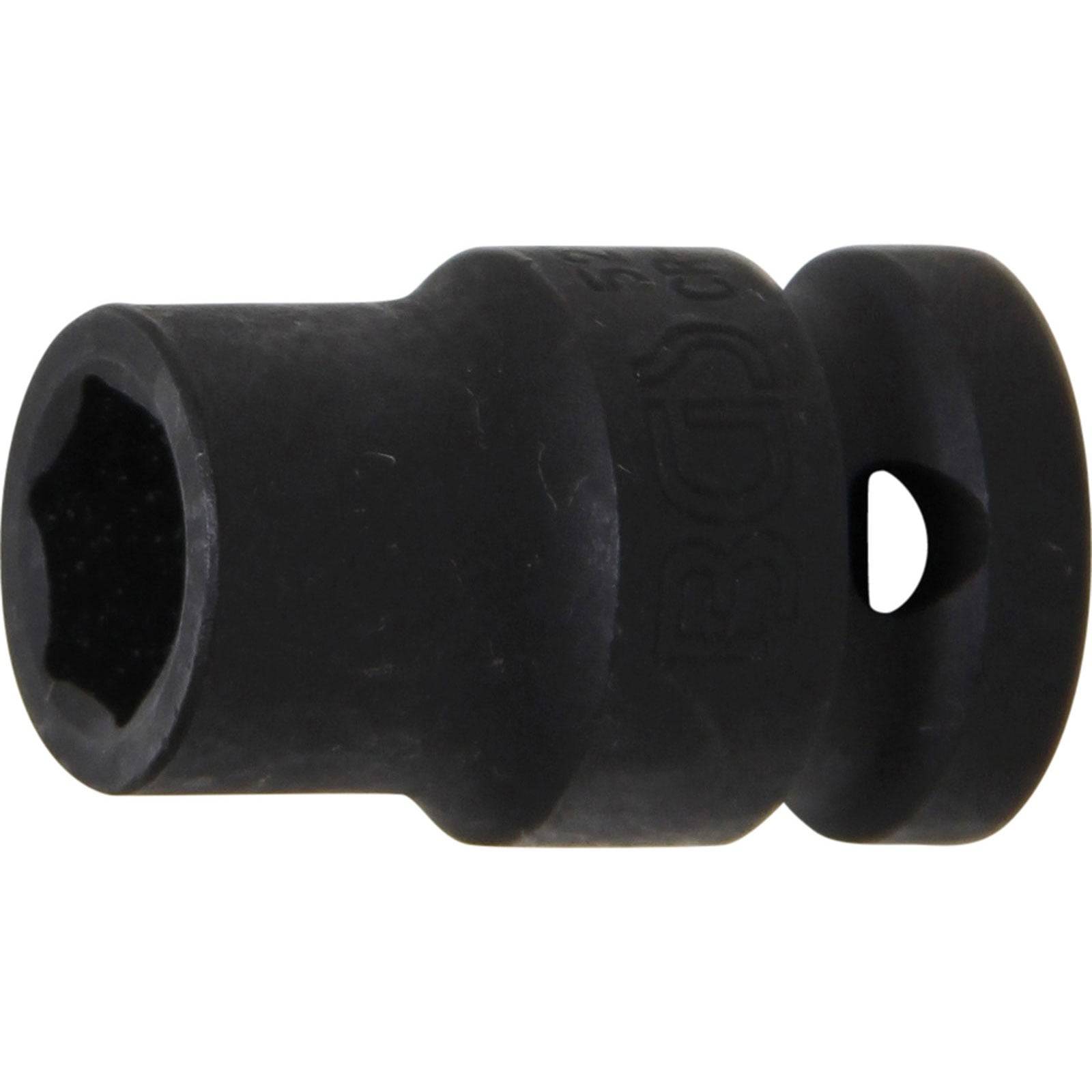Ein schwarzer Sockel-Adapter mit sechseckiger Öffnung und zylindrischem Körper, der zur Verbindung von Werkzeugen oder Befestigungselementen in mechanischen Anwendungen verwendet wird.