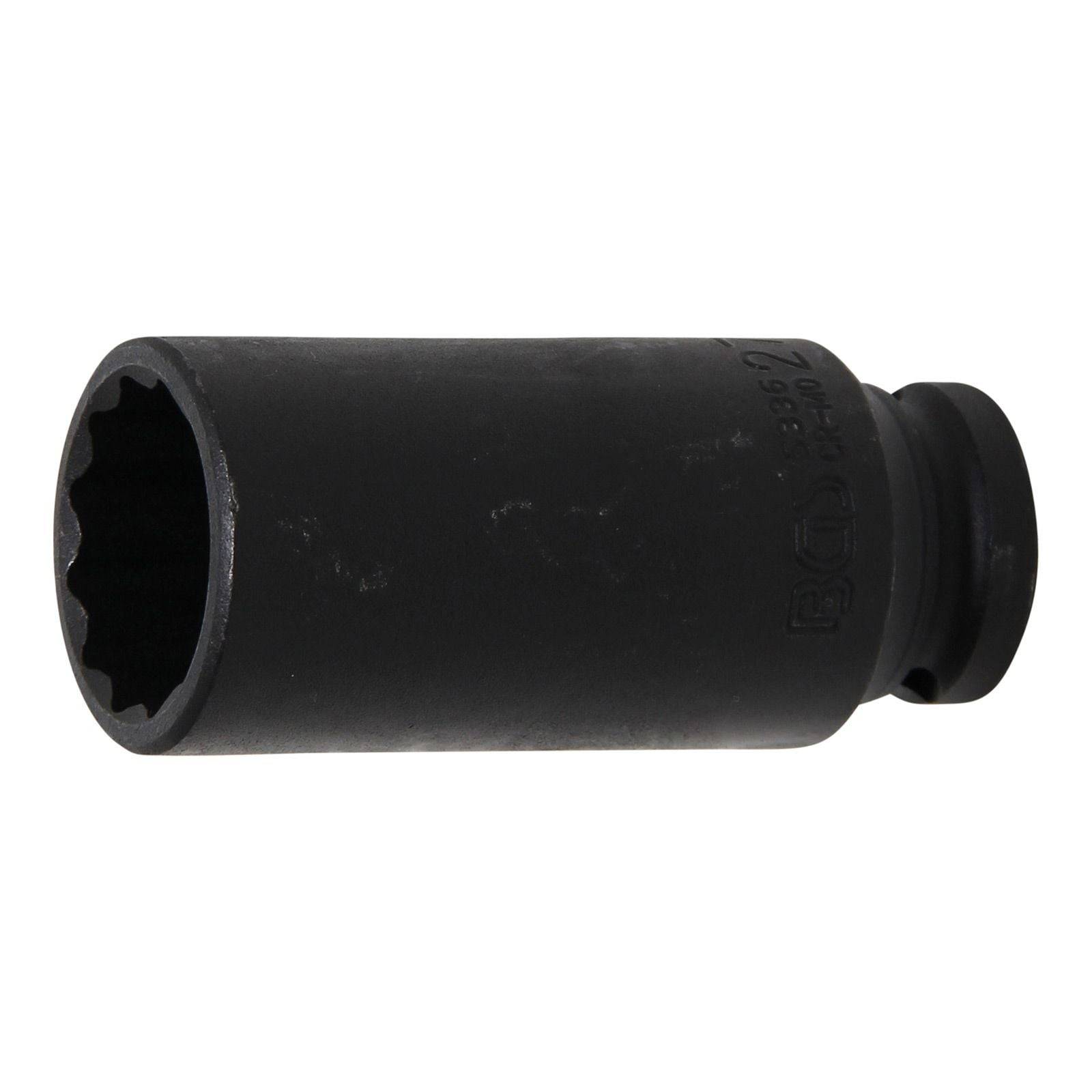 Ein schwarzer, zylindrischer Steckschlüsseleinsatz mit einer sechseckigen Öffnung, der zum Anziehen oder Lösen von Schrauben verwendet wird.