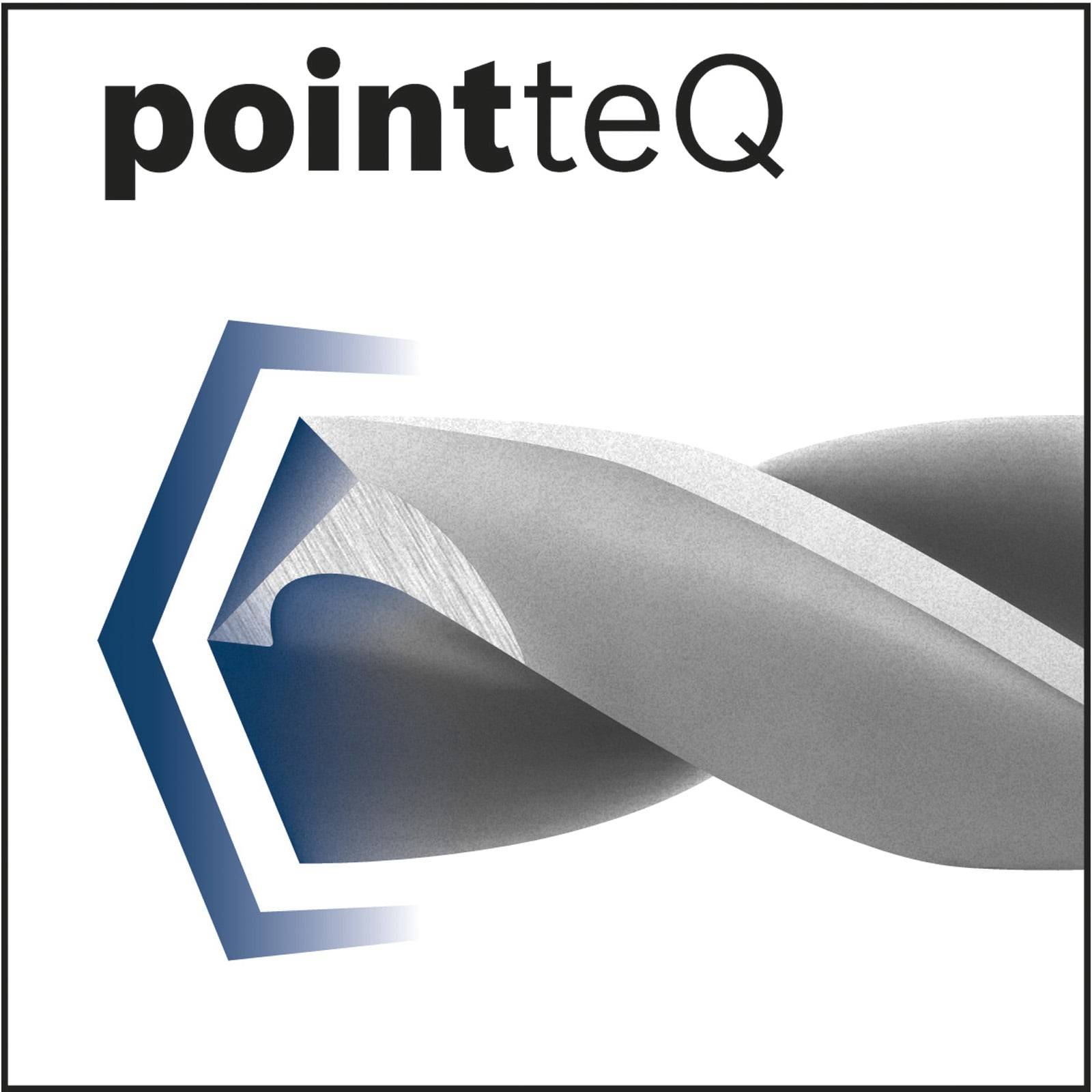 pointteQ' Logo mit einem stilisierten silbernen Bohreinsatz-Design, blauem geometrischem Akzent, der Präzision und Ingenieurskunst andeutet.