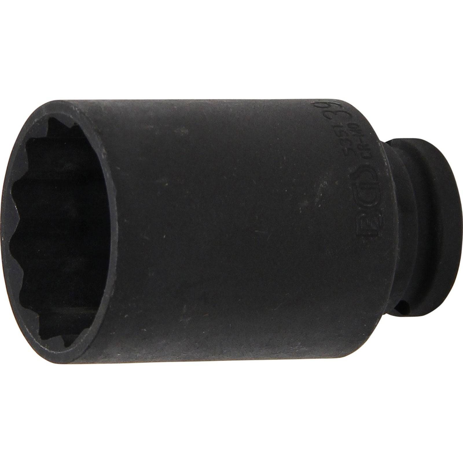 Eine schwarze Schlagstecknuss mit Zwölfkantdesign, die zum Drehen von Muttern und Schrauben mit einem kompatiblen Schraubenschlüssel oder Ratsche verwendet wird.