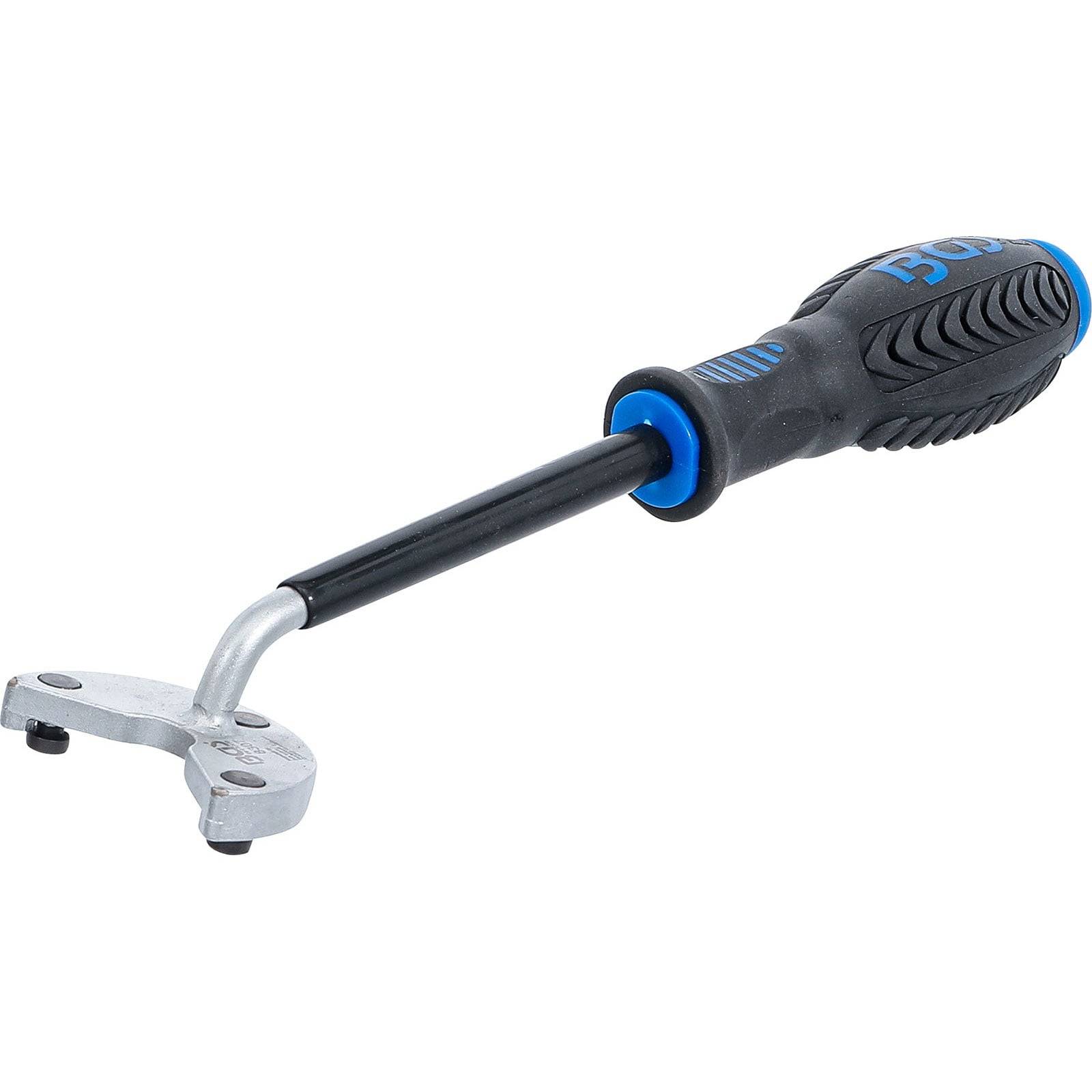 Ein verstellbarer, robuster Metallwerkzeug mit einem gummierten Griffgriff, der zum Greifen und Drehen von Objekten entwickelt wurde und eine T-förmige Klemmvorrichtung aufweist.