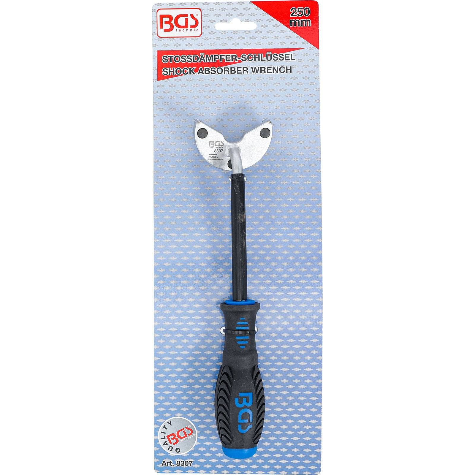 Ein Stoßdämpferschlüssel mit blau-schwarzem Griff auf einer Verpackungskarte, beschriftet mit 'Stoßdämpferschlüssel 250 mm' von der Marke BGS.
