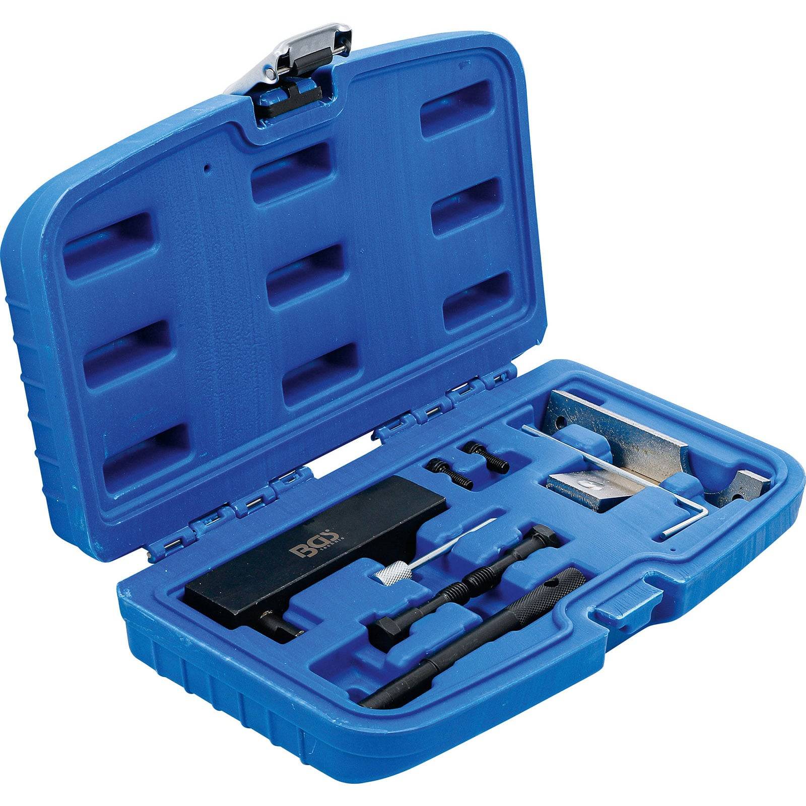 Blaue Werkzeugkoffer mit verschiedenen Reparaturwerkzeugen in geformten Fächern, einschließlich Bits, einem Griff für den Schraubendreher und einem kleinen Metallstück.