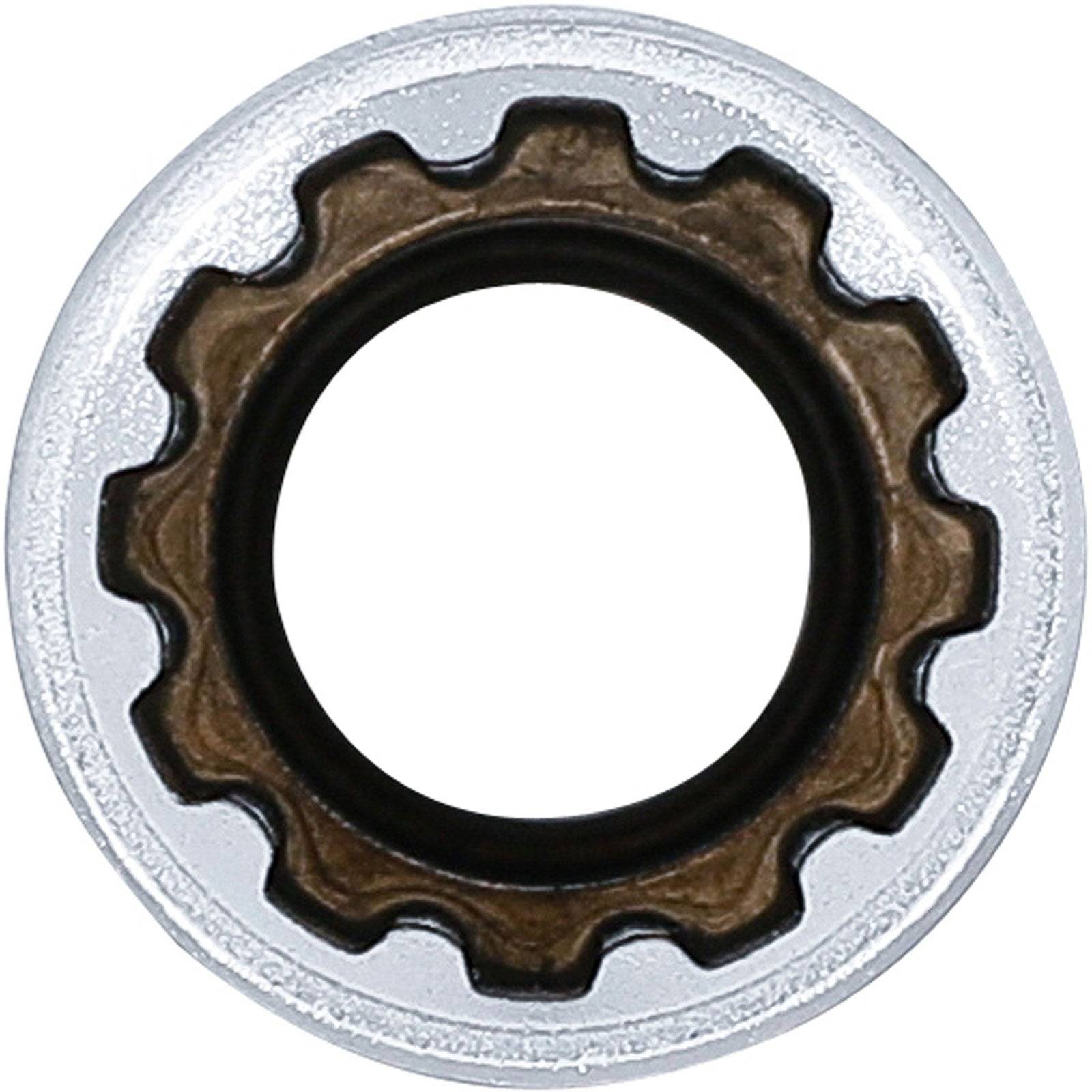 Ein metallisches Zahnrad mit kreisförmiger Anordnung von Zähnen, von oben betrachtet, was einen mechanischen oder industriellen Einsatz andeutet.