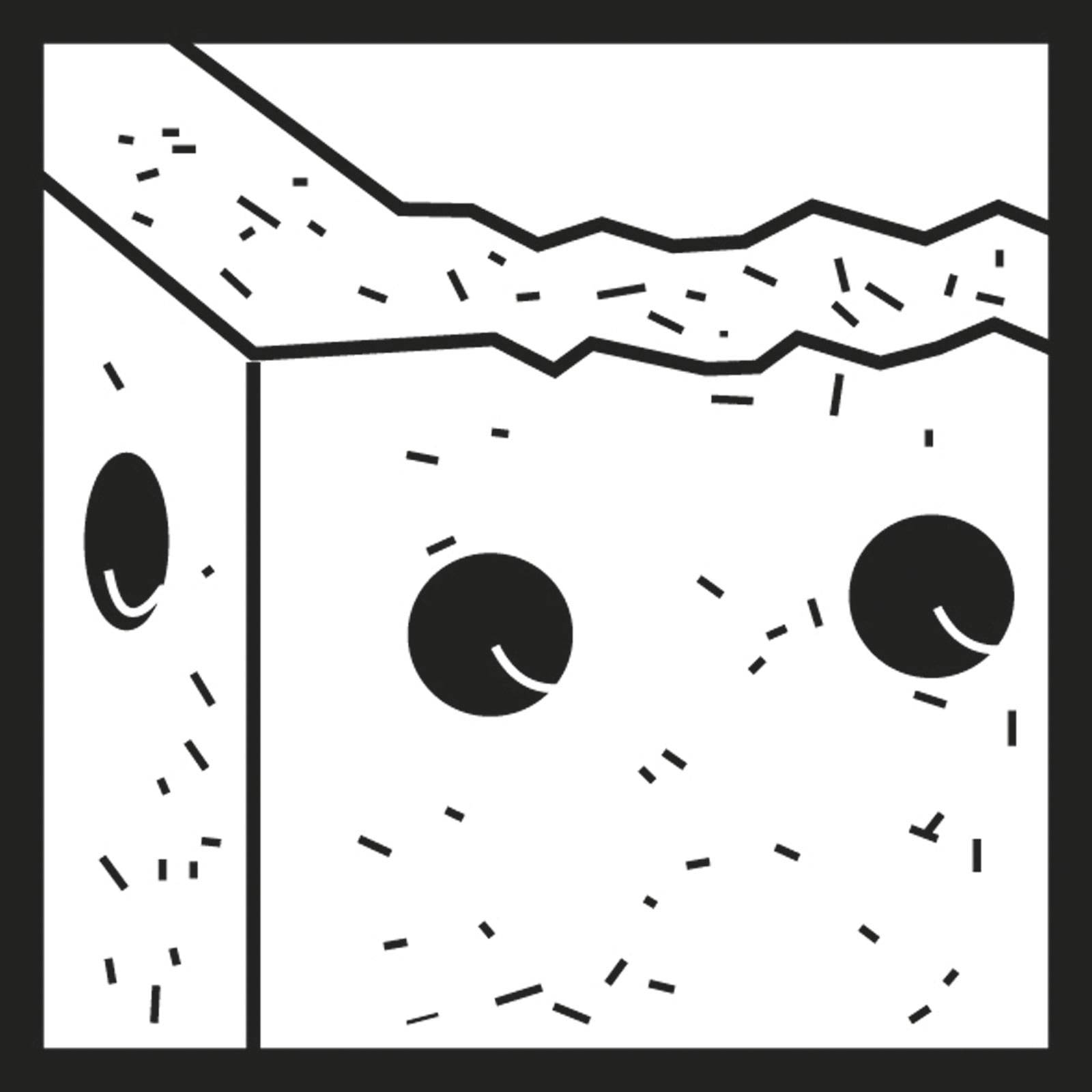 Ein würfelförmiger Käseblock, schwarz-weiß illustriert, mit Löchern und punktierter Textur, aus einem Winkel betrachtet.