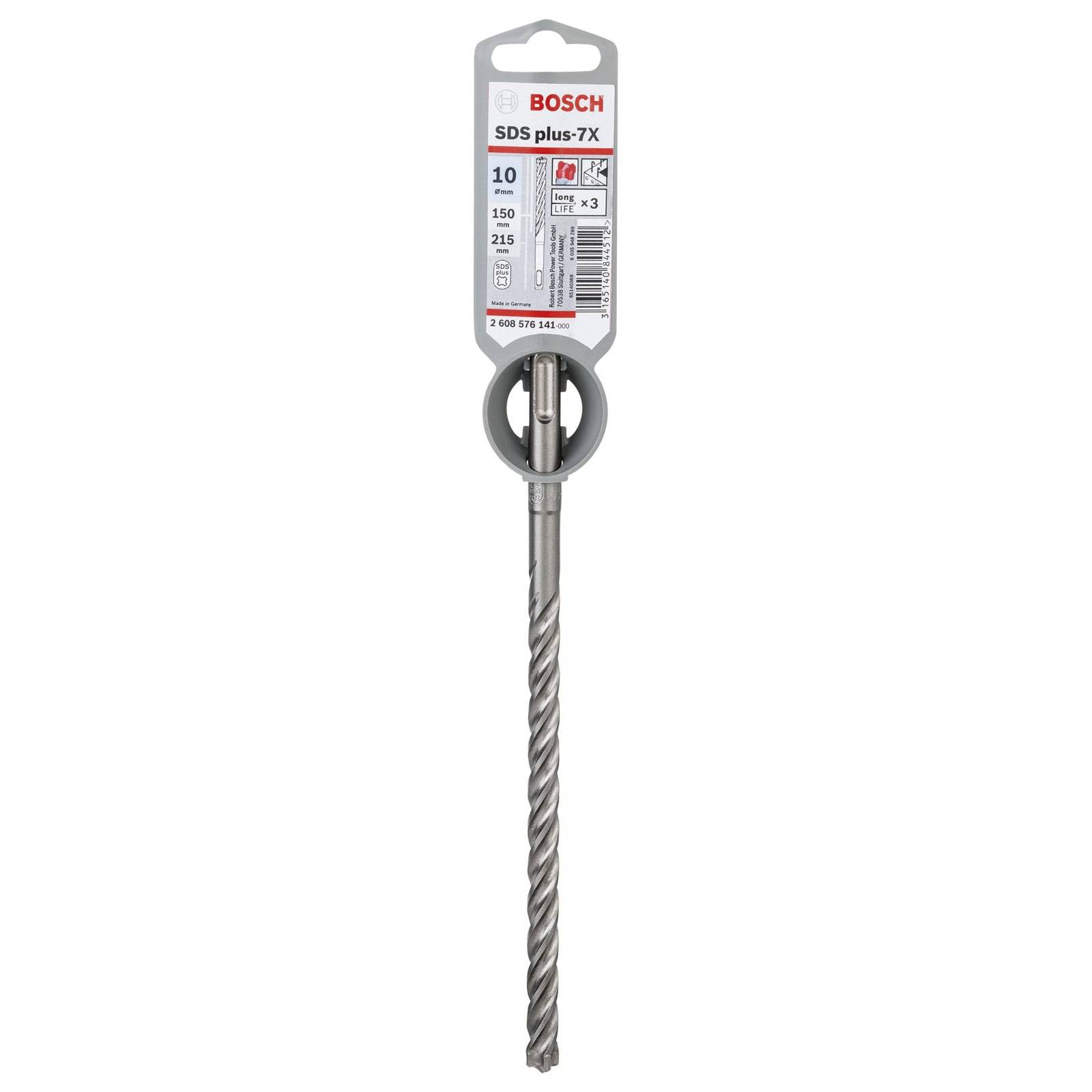 Ein Bosch SDS-plus-7X Bohrbit, 10 mm Durchmesser und 215 mm Länge, entwickelt für Maurerarbeiten, mit einer spiralförmigen Rillenkonstruktion für effizientes Bohren.