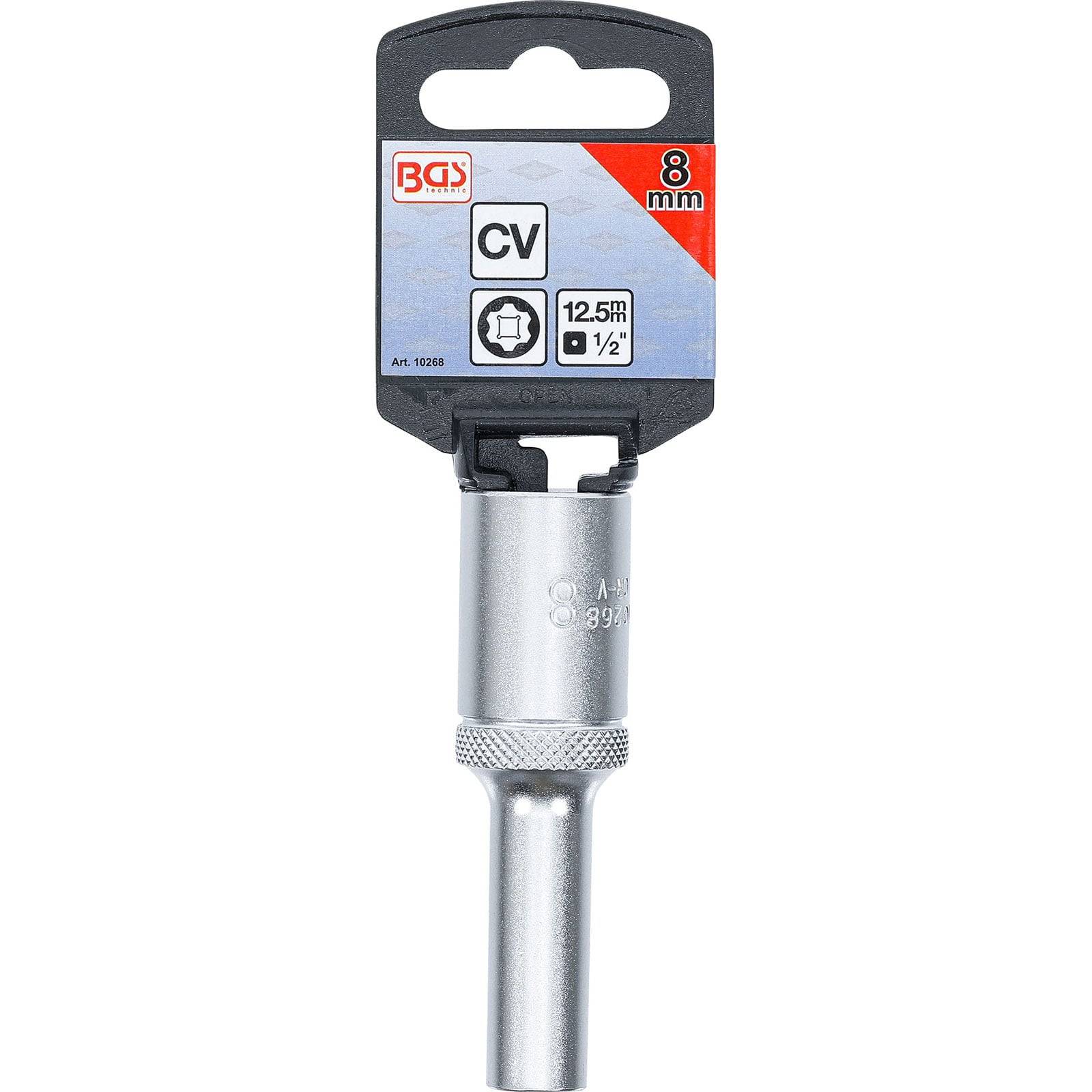 BGS Zündkerzen-Einsatz 8mm mit 12,5mm Antrieb, in Verpackung mit sichtbaren Produktdetails und Markierung gezeigt.