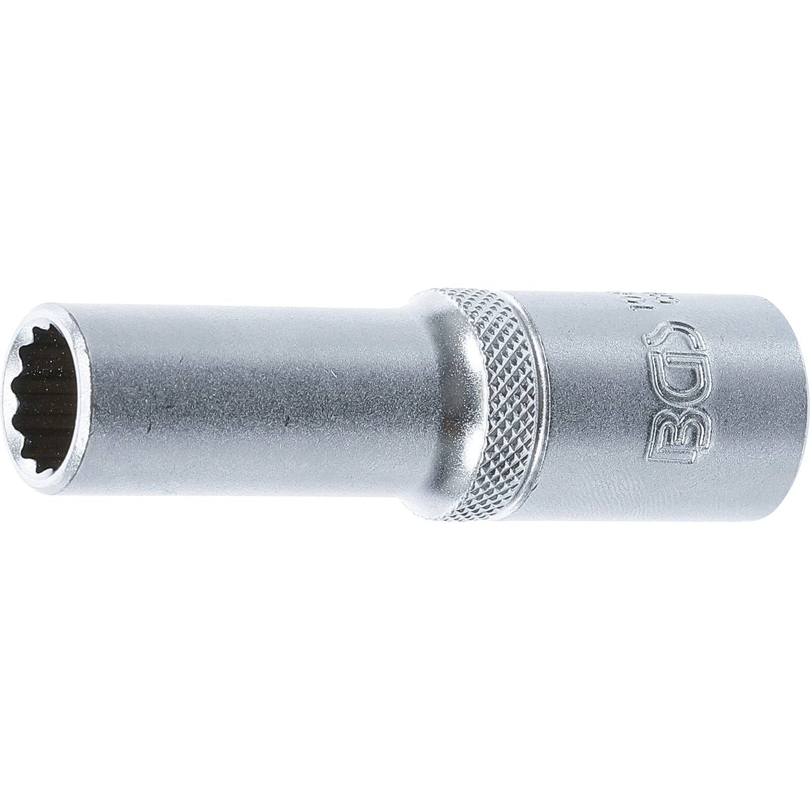 Ein silberner Steckschlüssel-Kopf mit gerändeltem Griff und B.O.-Logo, verwendet zum Anziehen oder Lösen von Muttern und Schrauben.