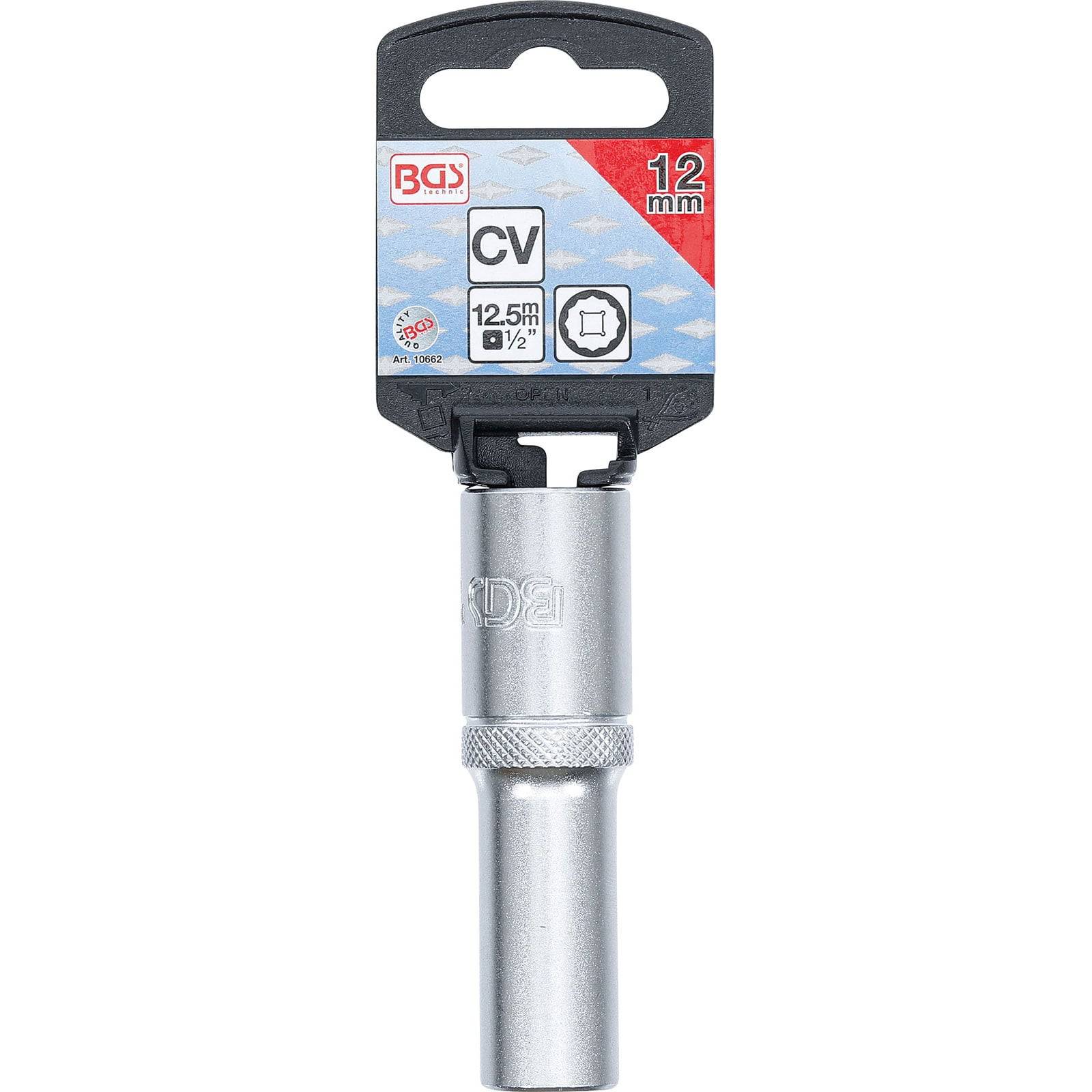 Eine 12-mm-BGS-CV-Zündkerzen-Stecknuss mit Gummieinsatz und 12,5-mm-Antrieb, dargestellt auf einer blau-roten Verpackungskarte.