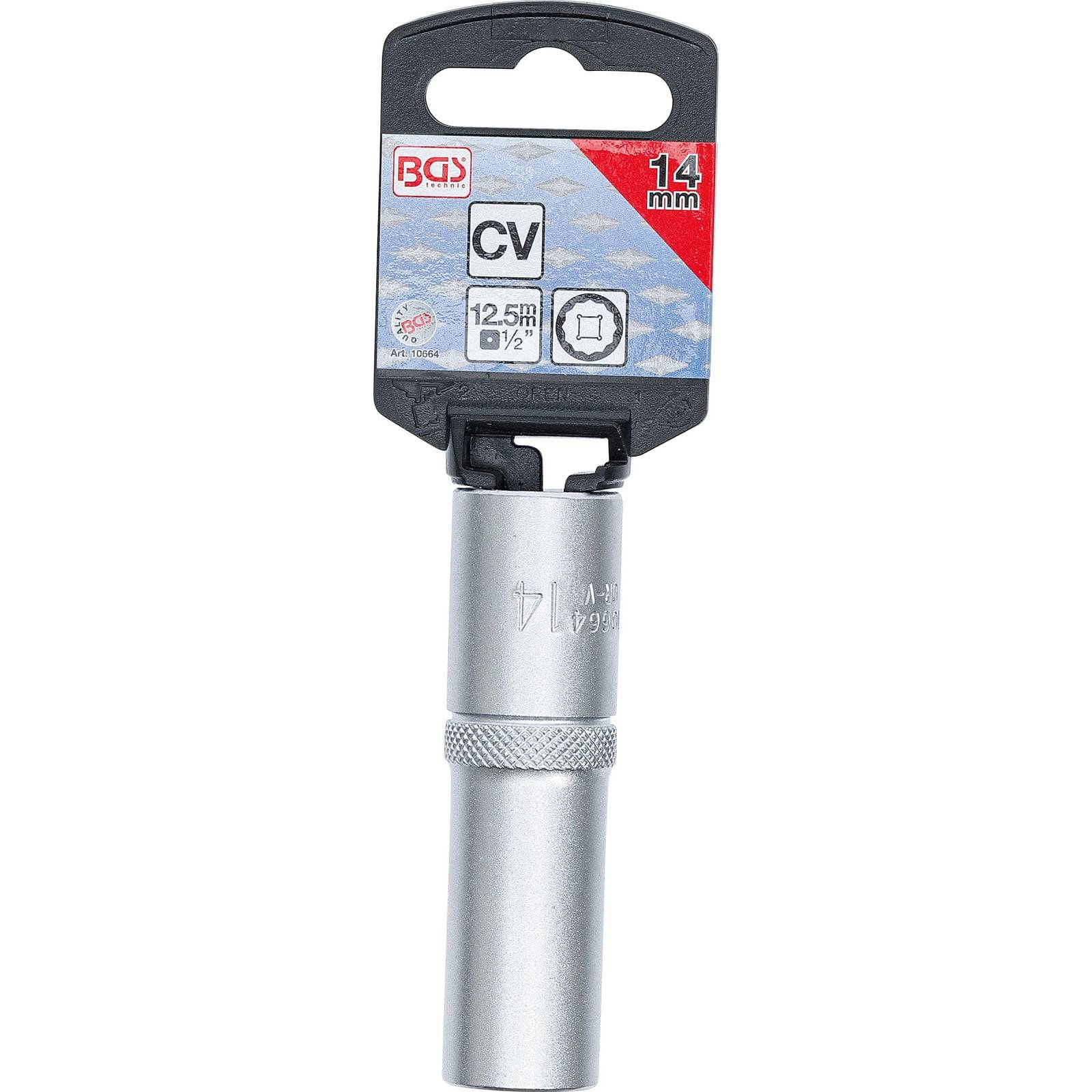 Zündkerzenschlüssel, 14 mm Größe, mit BGS CV Kennzeichnung, mit gerippter Griffoberfläche zum besseren Handling.