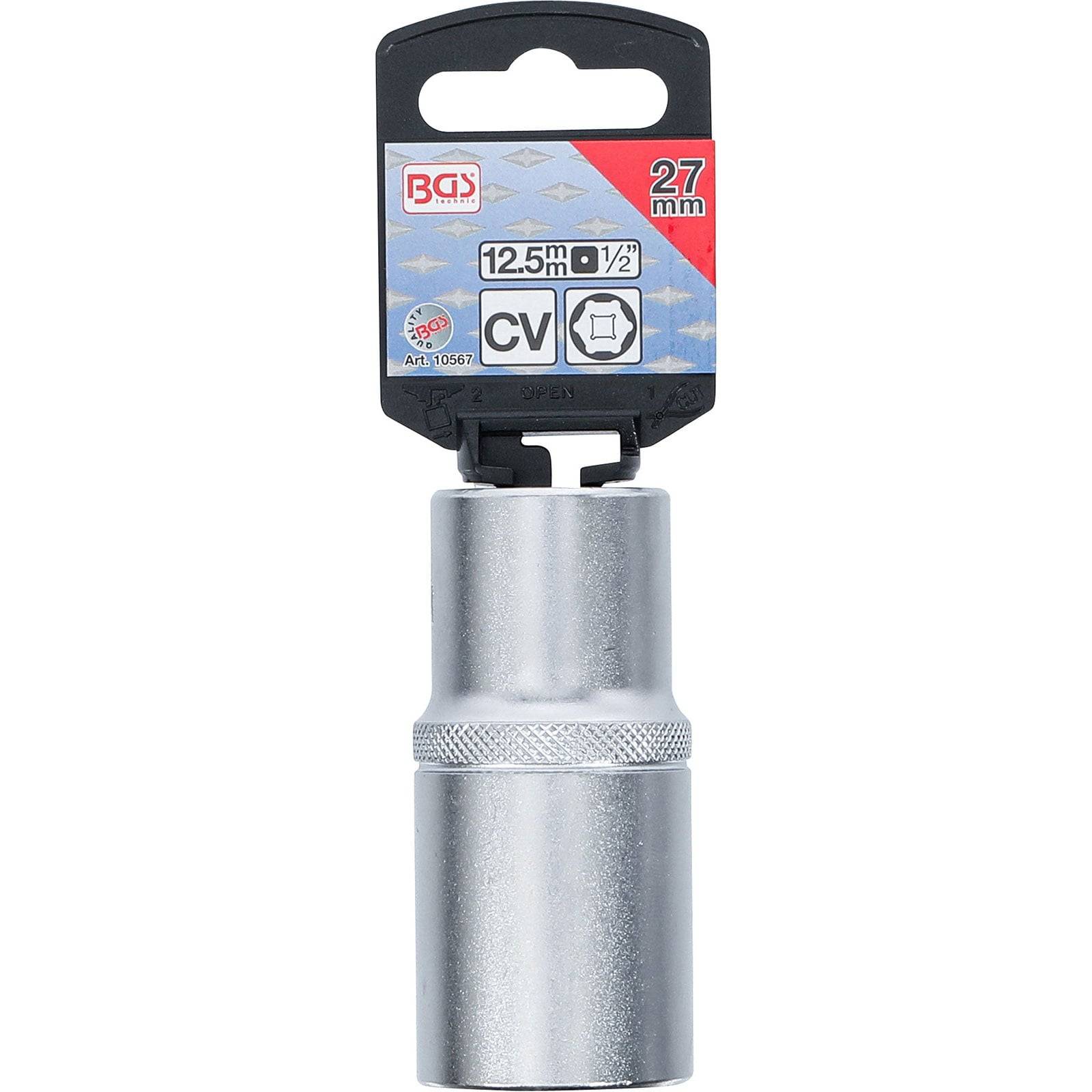Eine 27mm Chrom-Vanadium-Steckdose mit gerilltem Griff, angebracht an einer Verpackung mit Markenlogo und Spezifikationen wie 1/2 Zoll Antrieb.