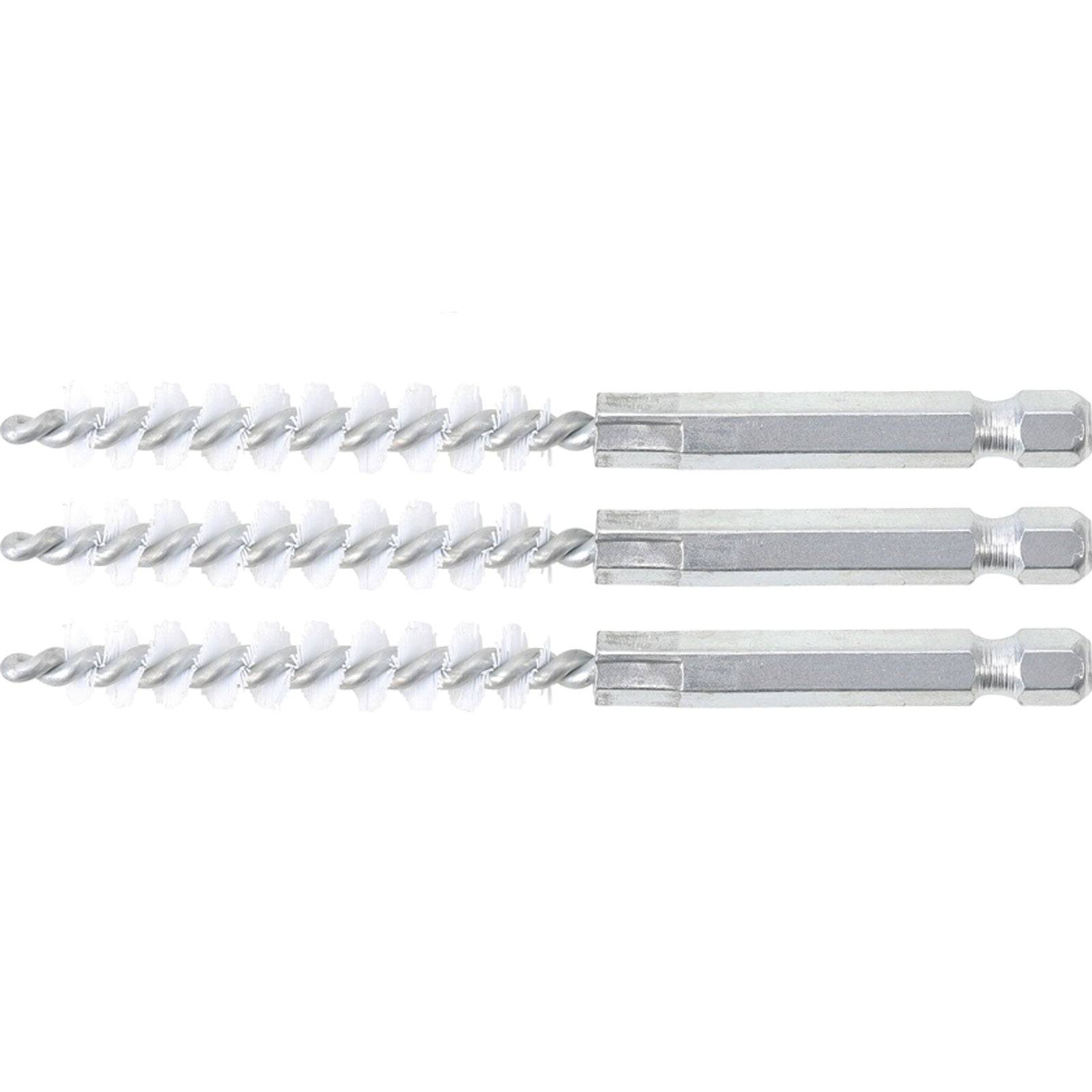 Drei Metalldrahtbürsten horizontal ausgerichtet, mit Spiralborsten zum Reinigen oder Polieren von Oberflächen.