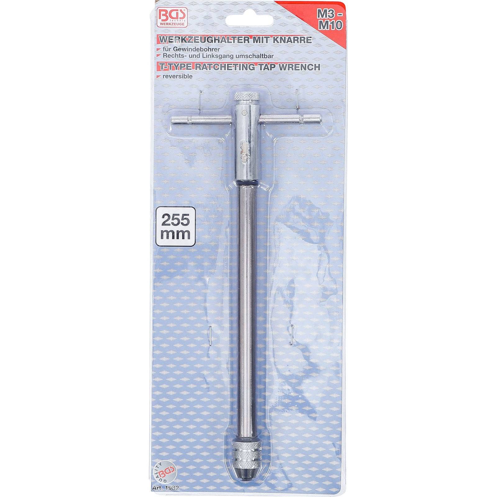 Werkzeughalter mit Knarre, verstellbar von M3 bis M10, 255 mm lang. In transparenter Plastikverpackung.