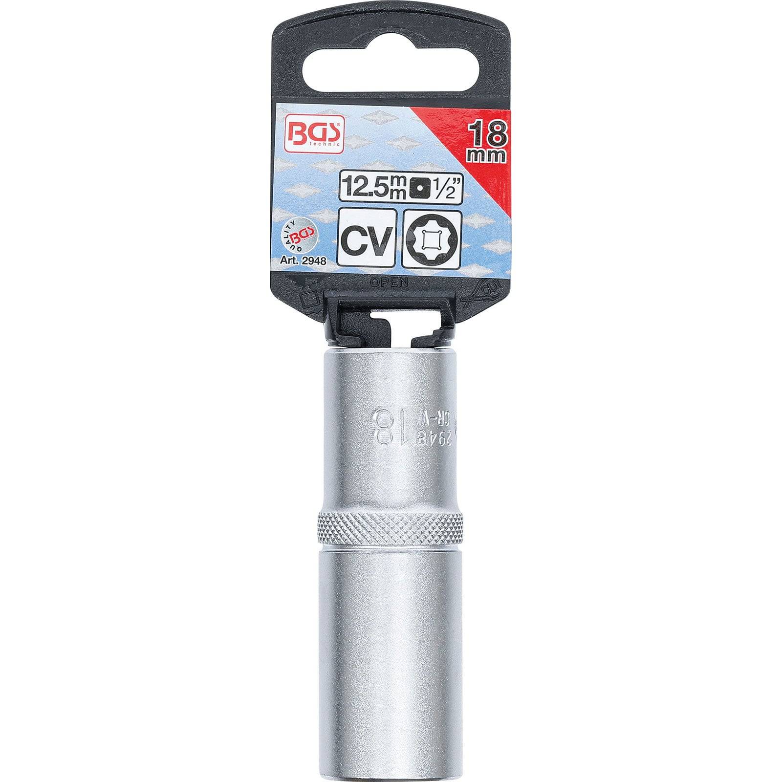 Ein silberner Steckschlüssel-Aufsatz mit der Bezeichnung '18 mm', ausgestattet mit einer 12,5 mm (1/2 Zoll) Antriebsaufnahme. Hängende Verpackung mit schwarzer und roter Anzeige.