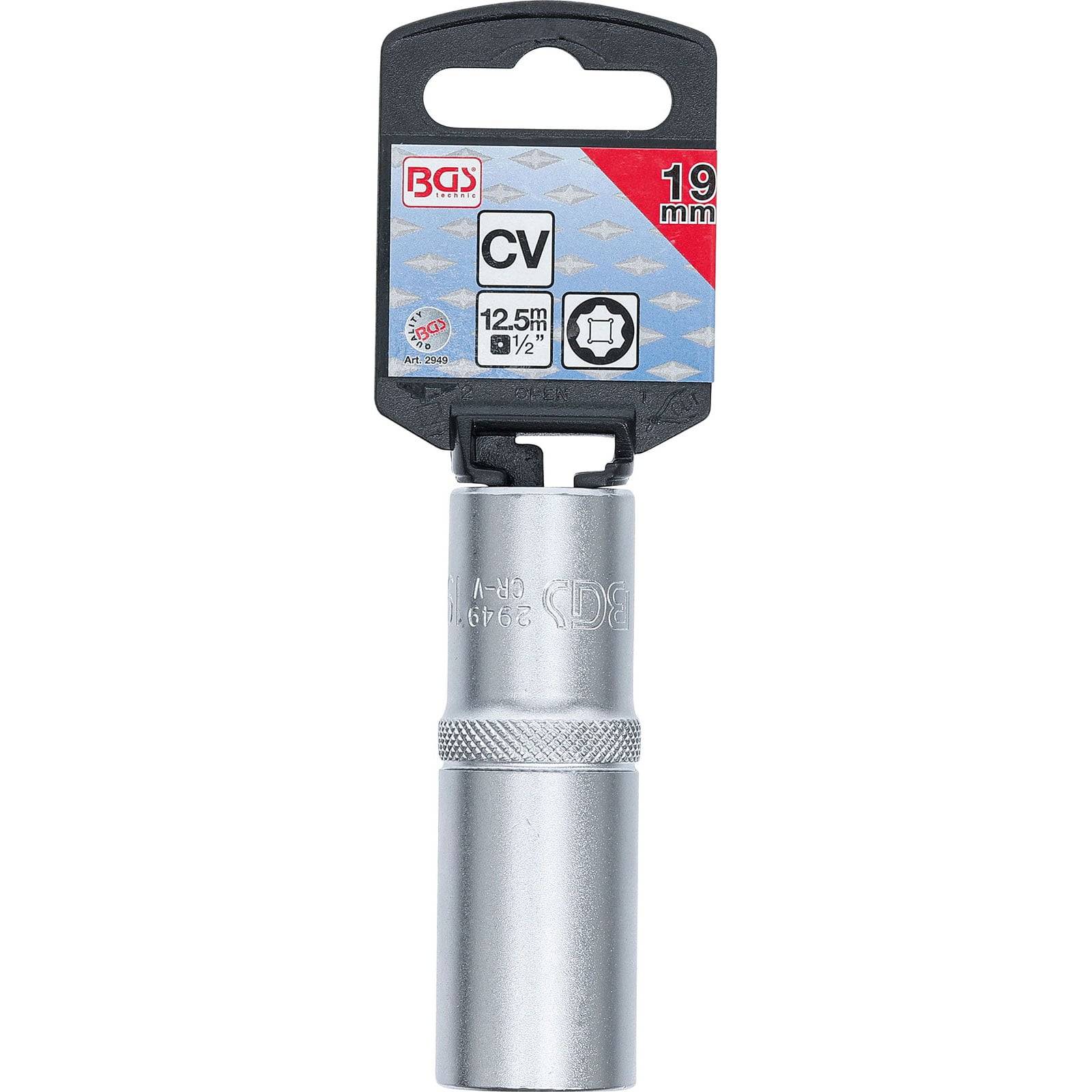 Ein Metall-BGS-Steckschlüssel ist mit '19 mm' beschriftet, mit einem 12,5 mm quadratischen Antrieb, in Einzelhandelsverpackung aufgehängt.