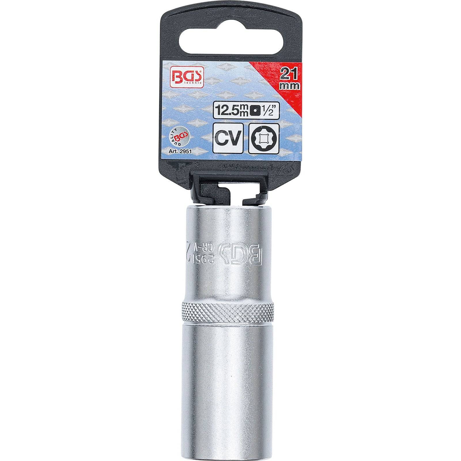 Eine 21 mm BGS Schlagstecknuss mit 1/2 Zoll Antrieb, aus Chrom-Vanadium-Stahl gefertigt und mit gerilltem Griff, in Verpackung präsentiert.