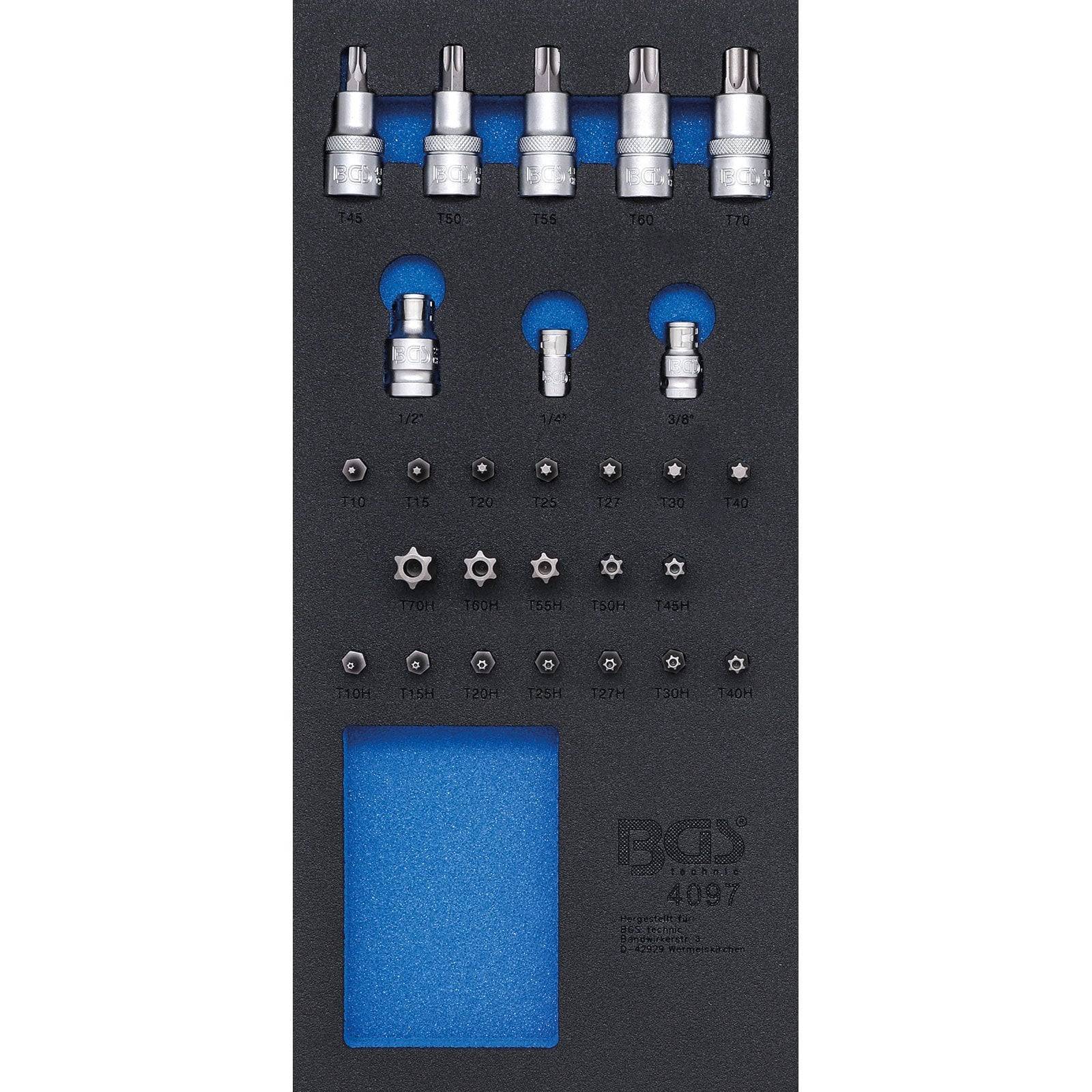 Satz Torx-Schraubendreher-Bits in einem Schaumstoffkoffer, beschriftet von T15 bis T60. Enthält verschiedene Steckschlüssel und einen Schrauberadapter.