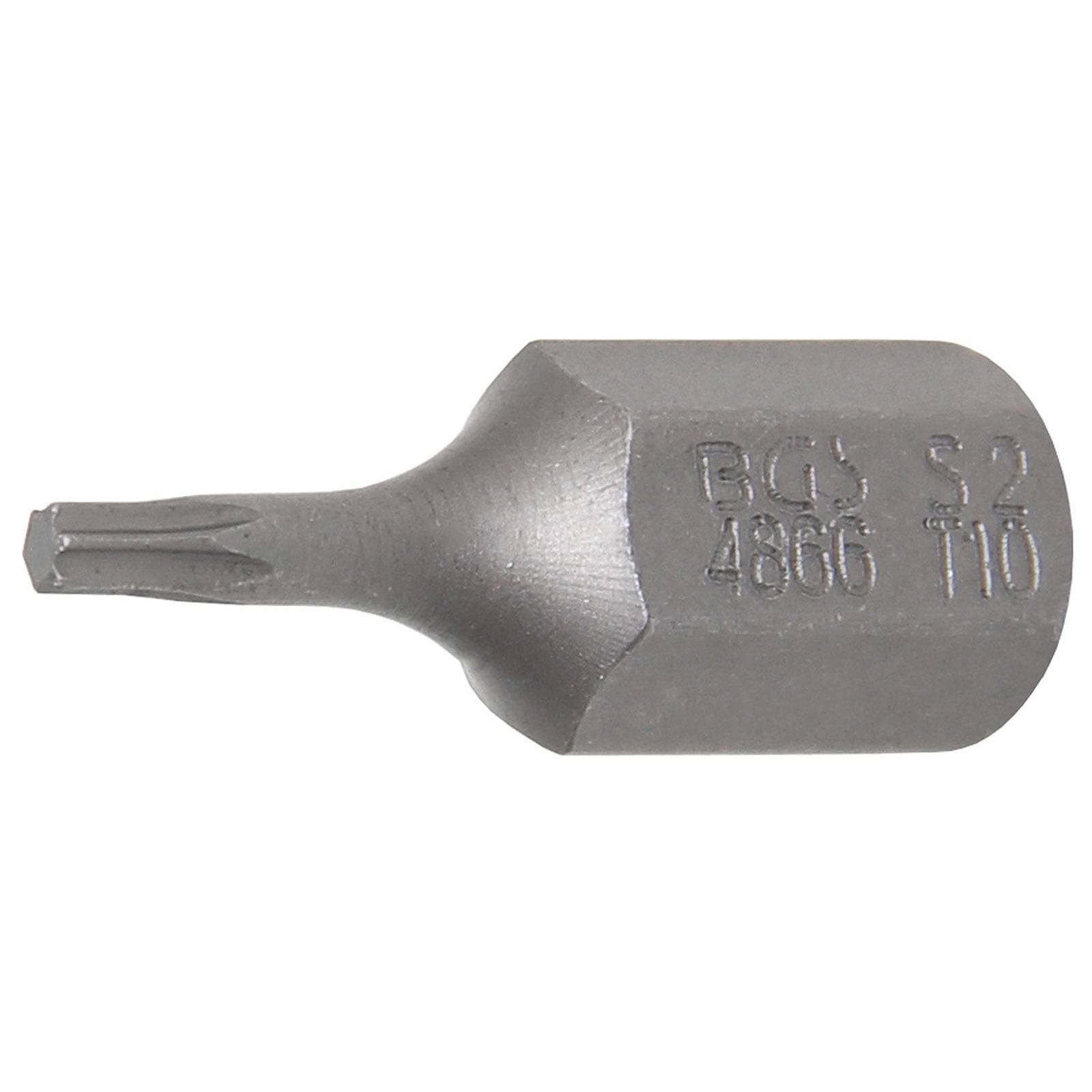 Ein Flachkopf-Schraubendreher-Bit mit eingravierter Nummer 'BCS 4866 S2 T10' an der Seite, der seine Spezifikationen und Typ veranschaulicht.