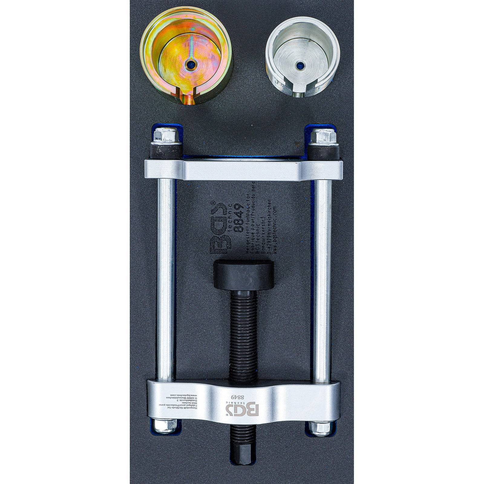 BGS 8049 Hydraulik-Werkzeugset mit Metallrahmen, Gewindestange und zwei runden Anbauteilen, verwendet für Press- oder Zieharbeiten.