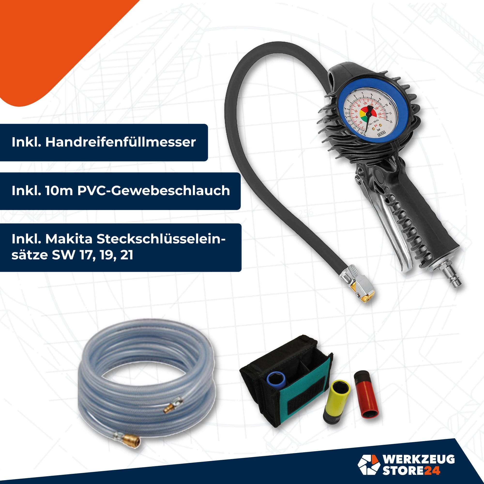 Druckmanometer und Schlauch mit Werkzeugen. Texthervorhebungen zeigen Zubehör: Reifendruckmesser, 10m PVC-Schlauch und Makita Steckschlüsselsätze SW 17, 19, 21.