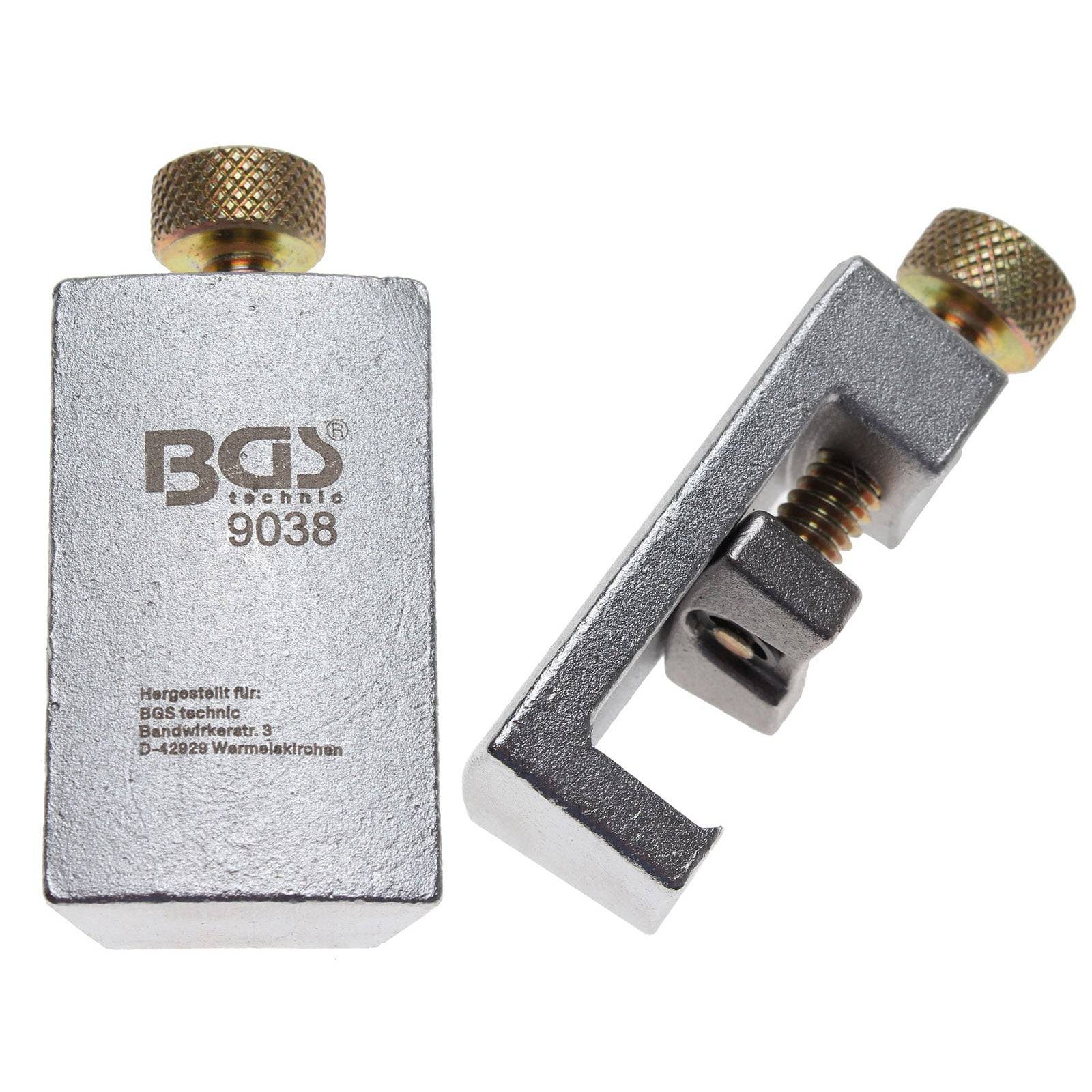 Werkzeug zum Abziehen von Batterieklemmen 'BGS technic 9038', mit zwei Ansichten: Frontansicht mit Produktinformationen und seitlicher Winkelansicht, die den Mechanismus zeigt.