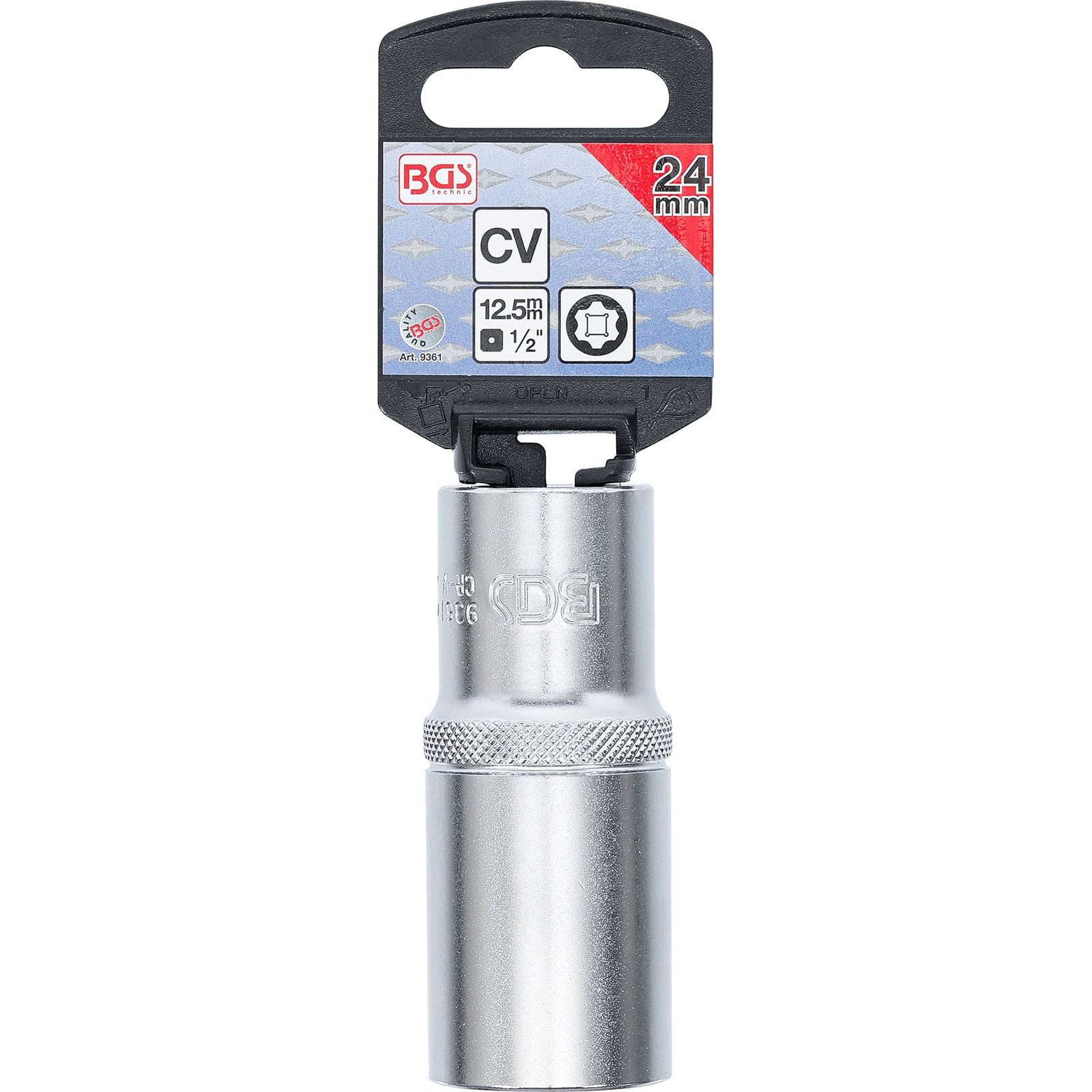 Eine 24-mm-Steckschlüssel aus Chrom-Vanadium mit einem 1/2-Zoll-Antrieb, die vor einer mit 'BGS' beschrifteten Verpackung für automotive oder mechanische Anwendungen positioniert ist.