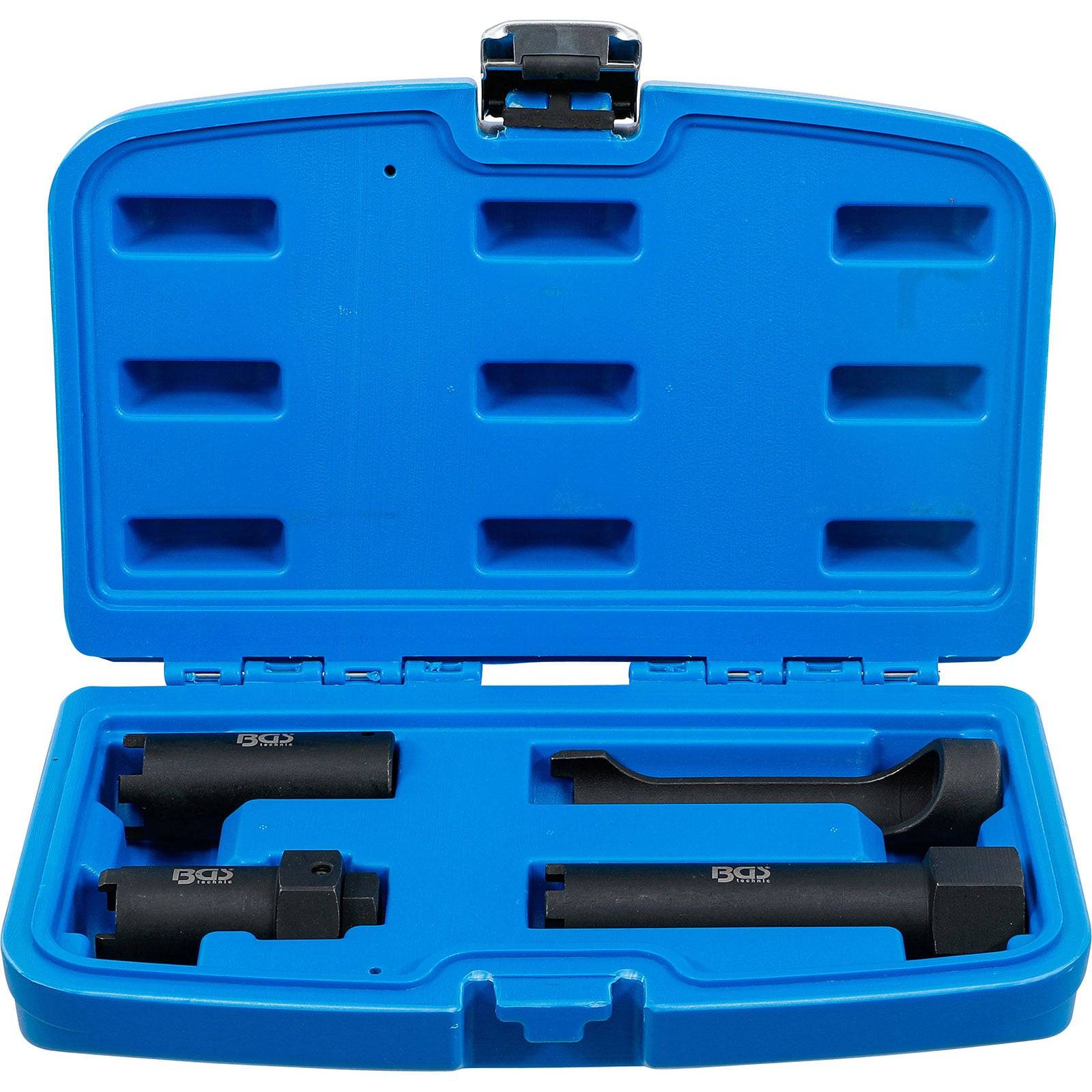 Eine blaue Plastikbox, die schwarze Metallwerkzeuge enthält, darunter drei zylindrische und ein L-förmiges Werkzeug, die jeweils sicher in vorgesehenen Aussparungen befestigt sind.