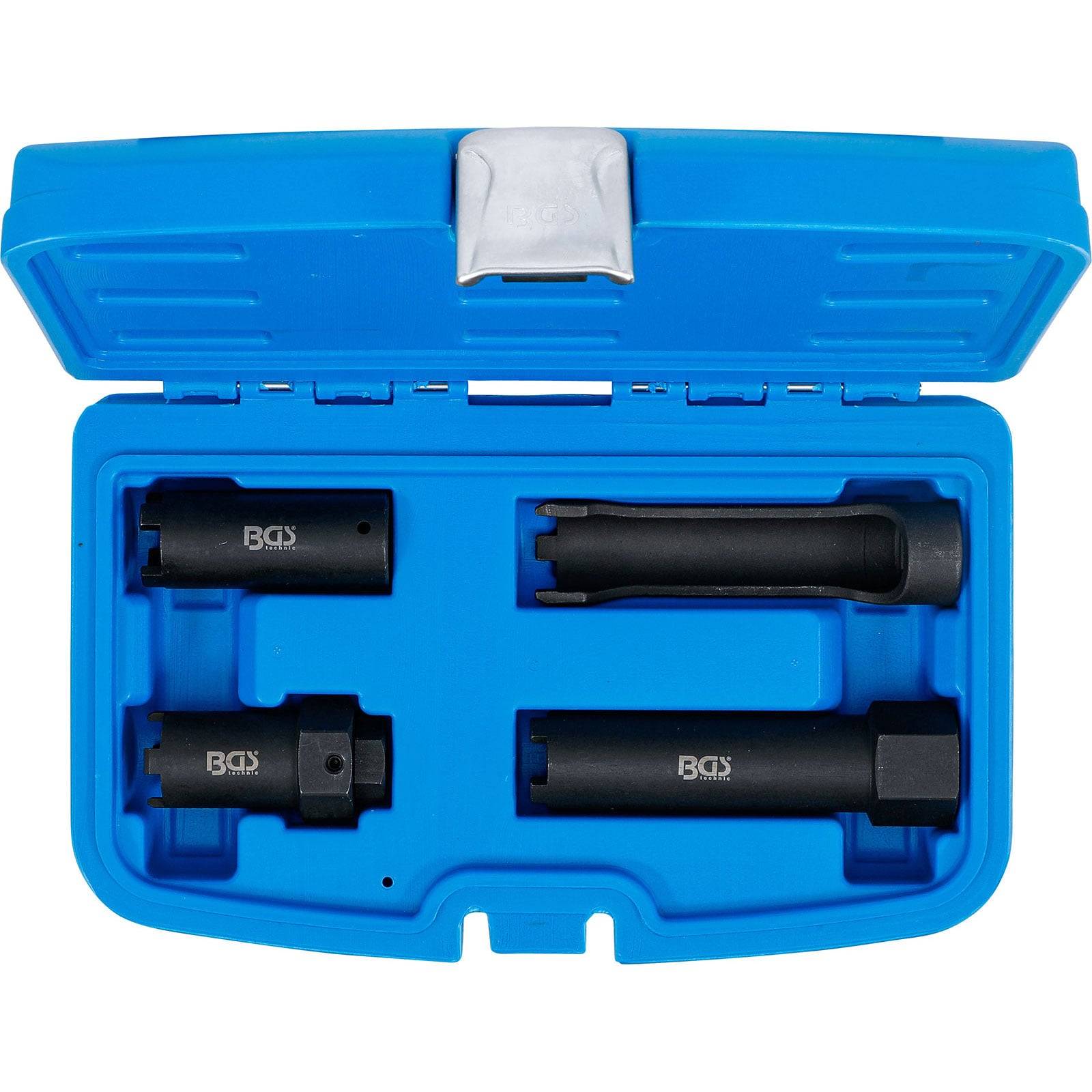 Ein blauer Plastikkoffer mit Schaumstoffeinlagen enthält vier dunkel gefärbte Automotive-Werkzeug-Stecknüsse, die mit 'BGS' für die Fahrzeugwartung beschriftet sind.