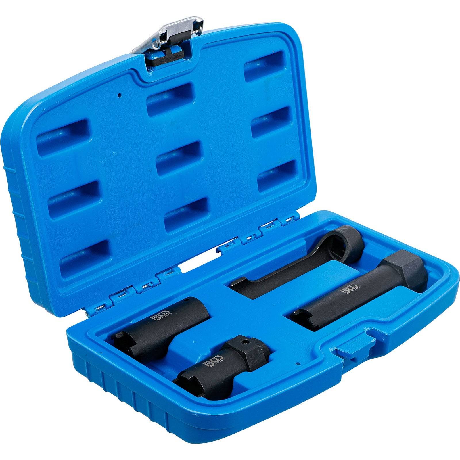 Blauer Transportkoffer, der einen Ventilfedern-Kompressortool mit mehreren Anbauteilen enthält, in geformten Aussparungen zur sicheren Aufbewahrung organisiert.