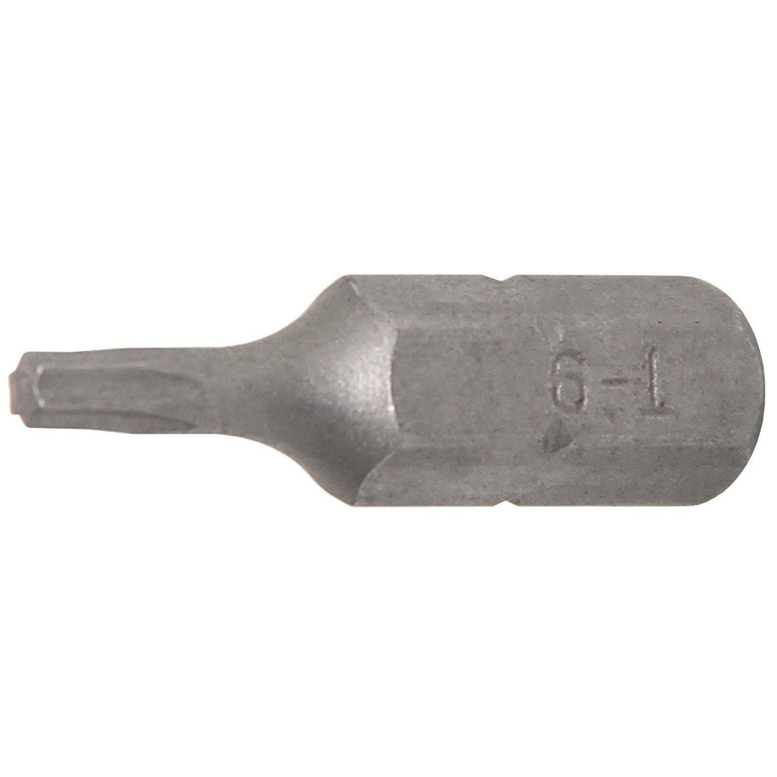 Ein Torx-Schraubendreher-Bit aus Metall, Größe T9, der seine charakteristische sternförmige Spitze zur präzisen Aufnahme in entsprechende Schrauben zeigt.