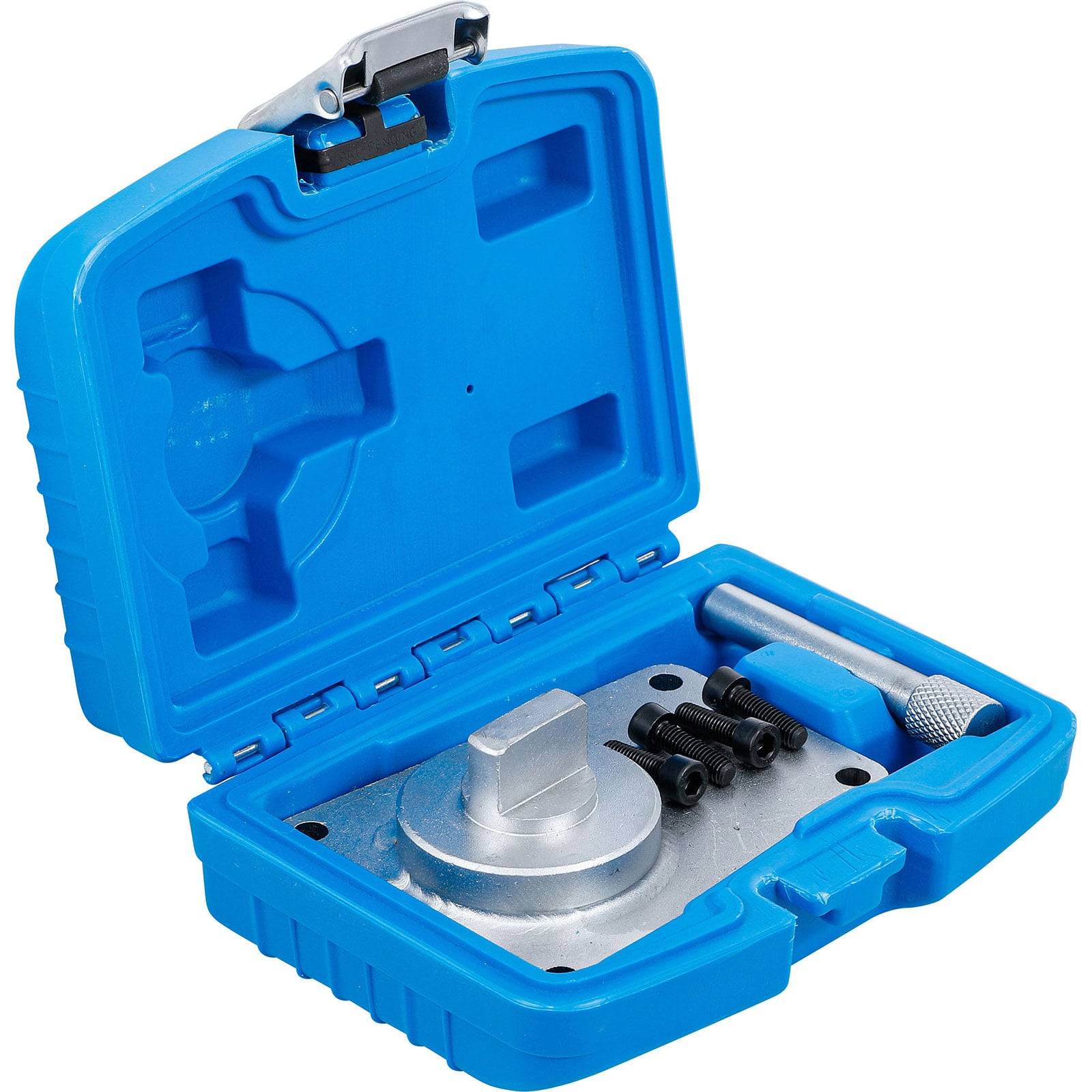 Eine blaue Plastikbox, die einen Metalleinsatz mit quadratischem Kopf, einen zylindrischen Adapter und vier schwarze Schrauben in einem Fach enthält.