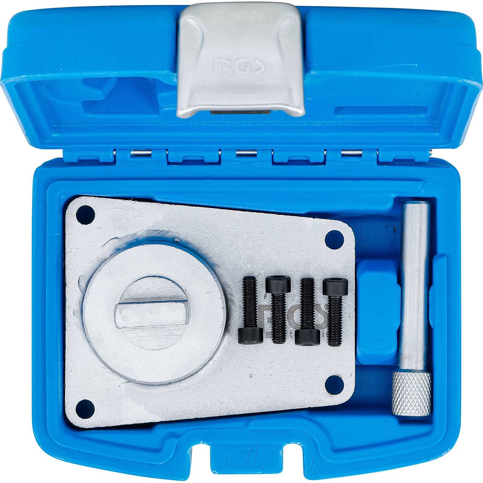 Blauer Plastiktragekoffer geöffnet, um ein metallenes Automotive-Zeitwerkzeug mit Schrauben und einem Stift zu zeigen.