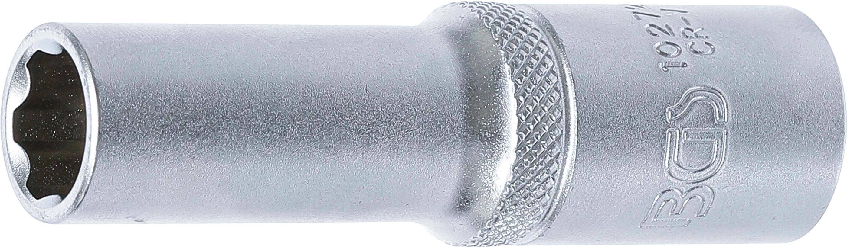 Nahaufnahme einer strukturierten Metalloberfläche, möglicherweise ein Teil eines Werkzeugs oder einer mechanischen Komponente, die eine zylindrische Form und ein gerilltes Ende zeigt.