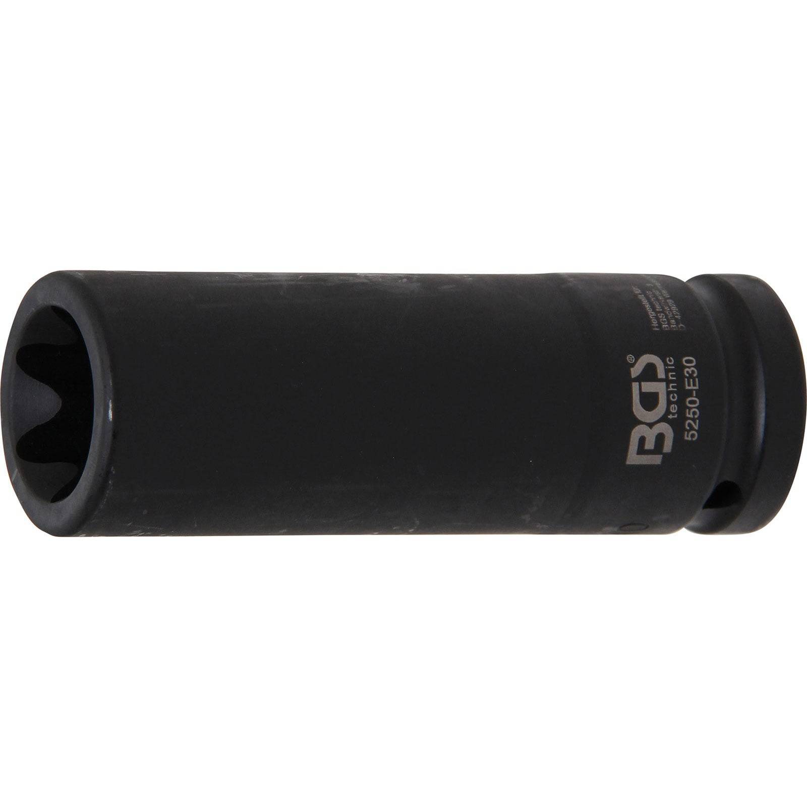 Ein schwarzer BGS-Steckschlüssel zum Festziehen oder Lösen von Muttern und Schrauben, mit einer zylindrischen Form und Größenmarkierungen an der Seite.