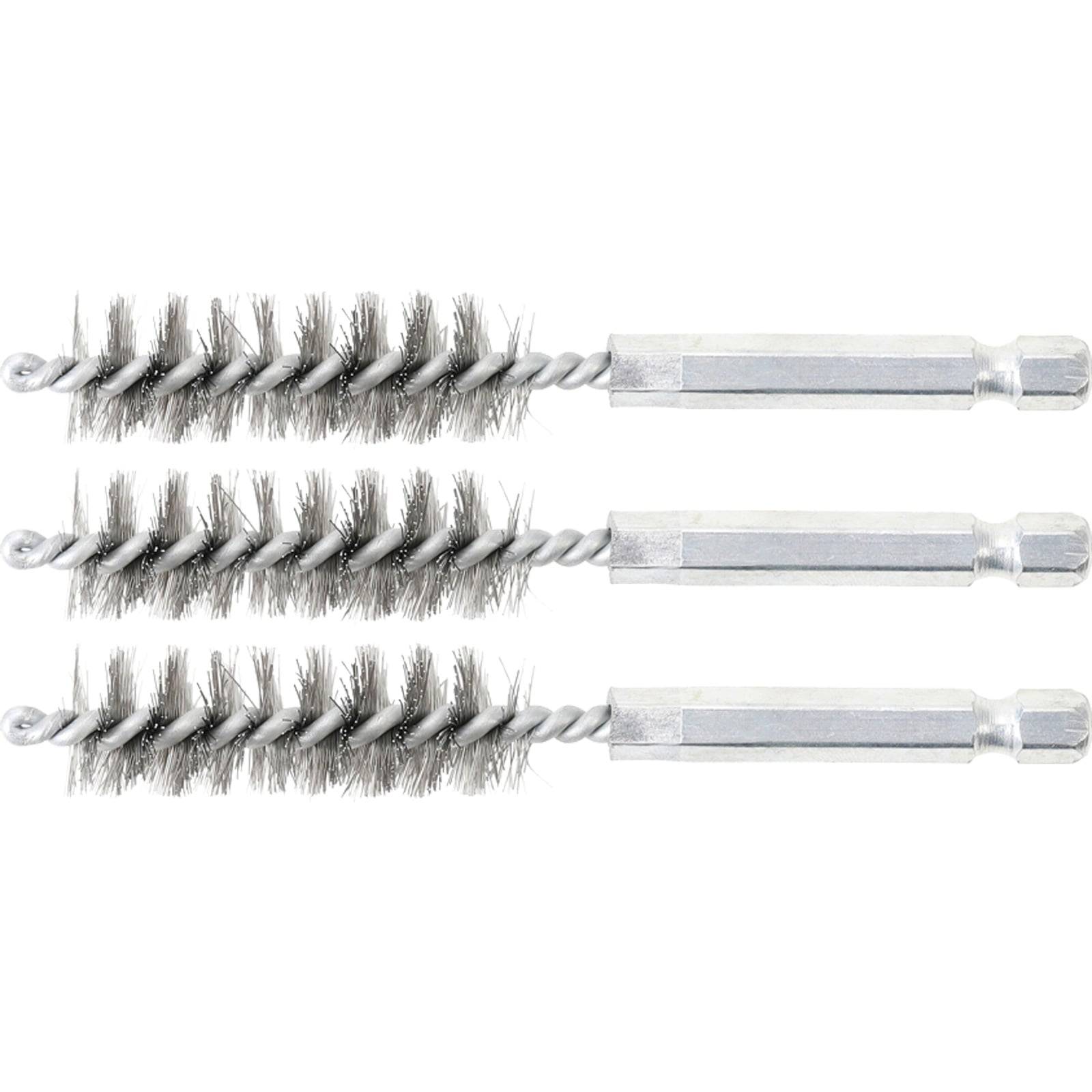 Drei Metalldrahtbürsten mit verdrehten Borsten und sechseckigen Griffen, horizontal parallel angeordnet, hauptsächlich zur Reinigung verwendet.