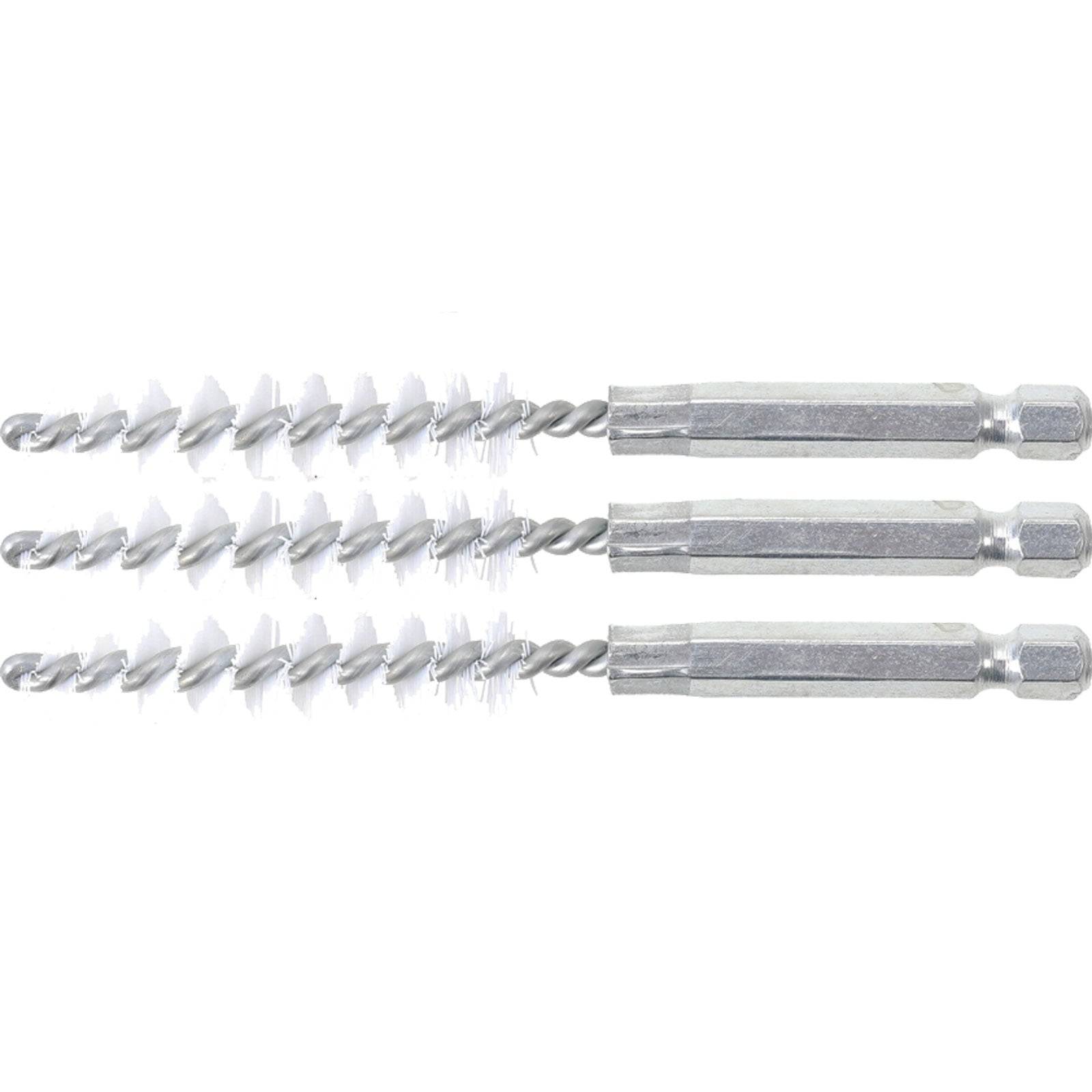 Drei Metallbohrerdrahtbürsten mit Borstenkopf, nebeneinander angeordnet, zum Reinigen oder Entgraten von Oberflächen.