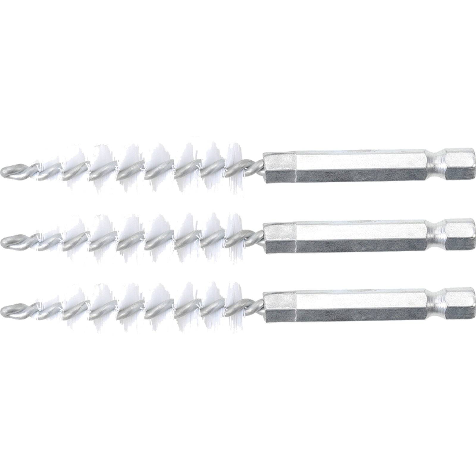 Drei spiralförmige Stahlbürsten mit sechseckigen Griffen, horizontal ausgerichtet. Sie werden zum Reinigen verschiedener Oberflächen verwendet.