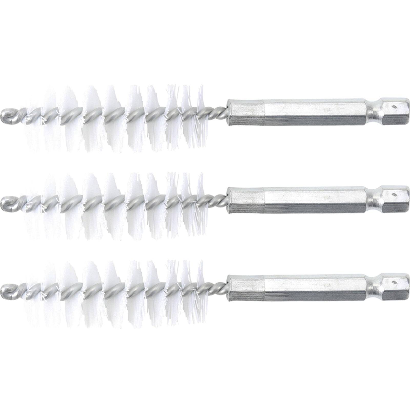 Drei Metalldrahtbürsten mit Borsten und sechseckigen Griffen, horizontal in einer Reihe ausgerichtet.