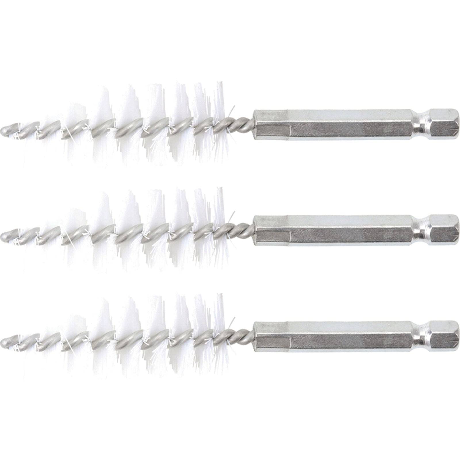 Drei Drahtbürsten mit Sechskantschaft, horizontal angeordnet, jede mit weißen Borsten und Metallgriffen, für Reinigungsaufgaben verwendet.