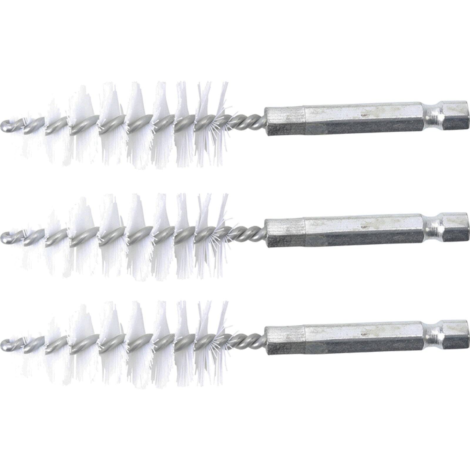 Drei Kegelbürsten mit gedrehten Metallgriffen, horizontal ausgerichtet. Werden zum Reinigen oder Polieren zylindrischer Oberflächen verwendet.