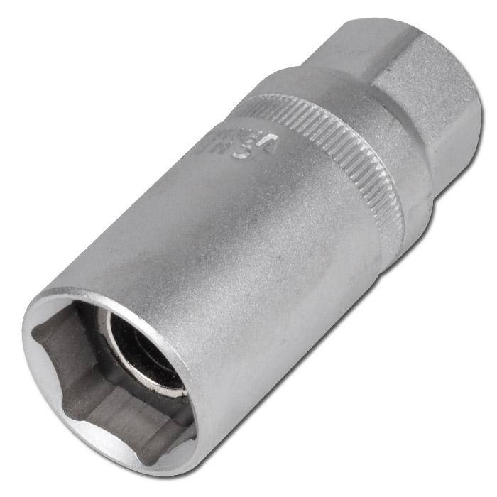 Metallischer Steckschlüssel-Adapter mit Sechskantantrieb auf einer Seite und quadratischer Öffnung auf der anderen Seite, dargestellt auf weißem Hintergrund.