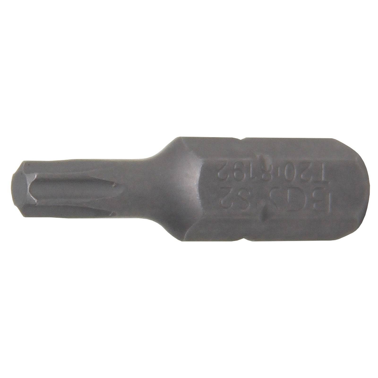 Ein dunkelgrauer, sechseckiger Torx-Schraubenziehereinsatz mit einer sternförmigen Spitze, gekennzeichnet mit ‚T25' zur Größenbestimmung.