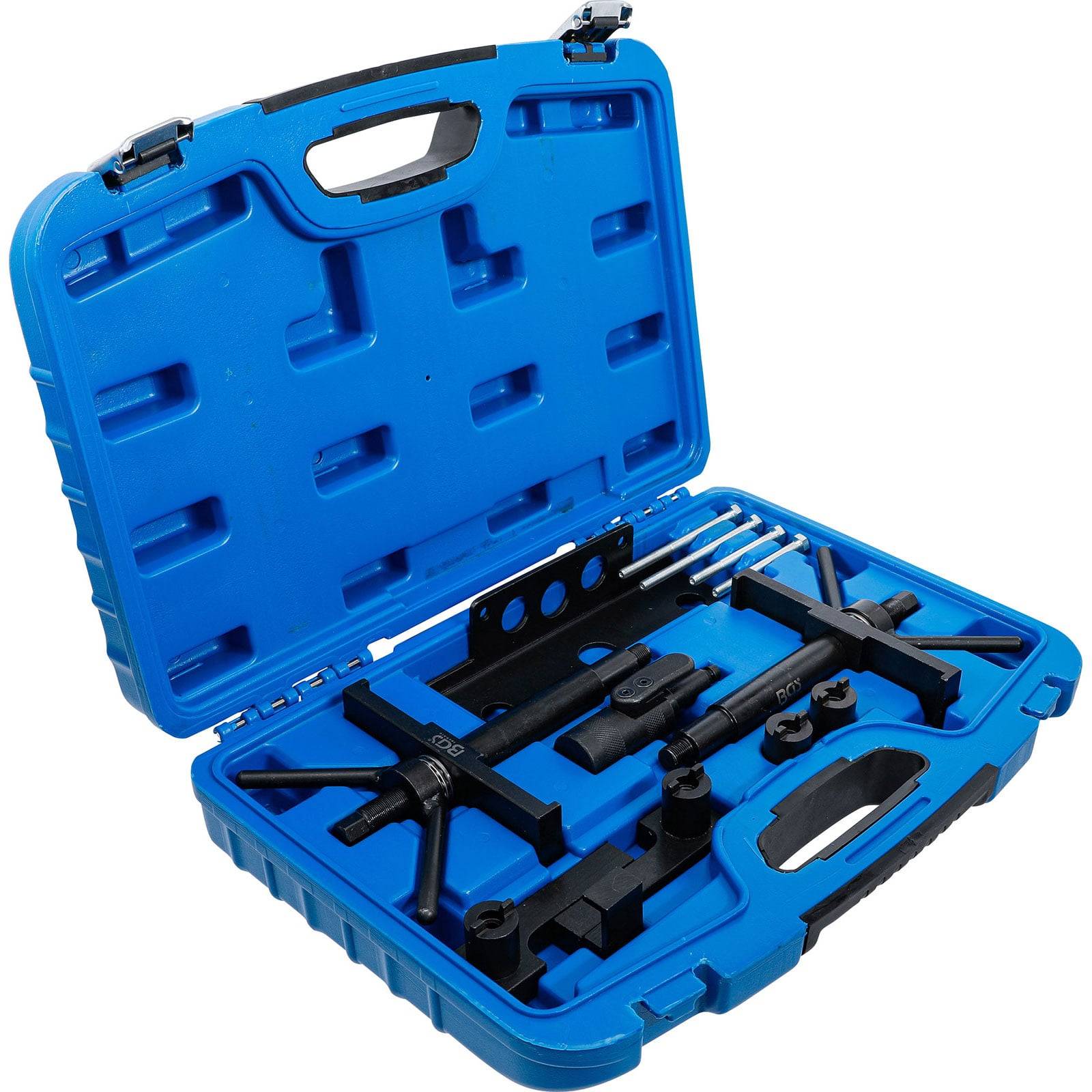 Blaue Tragetasche mit schwarzen mechanischen Werkzeugen, die in Fachfächern organisiert sind.